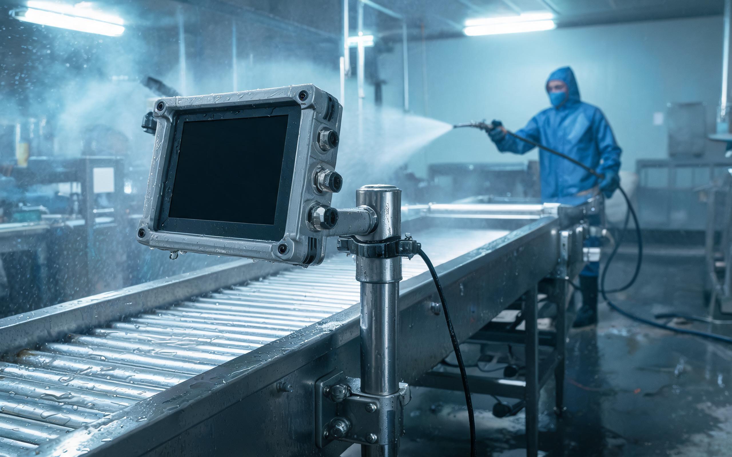 Washdown duty on a packaging line food packaging line washdown scene with water spray near an arm-mounted waterproof industrial touchscreen monitor with fully sealed connectors, stainless steel factory environment, realistic industrial documentary photography, dark screen no readable text, no people