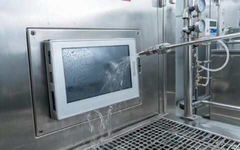 industrial panel pc ip65 fresh water jet spray test in IEC 60529 chamber with mounted unit