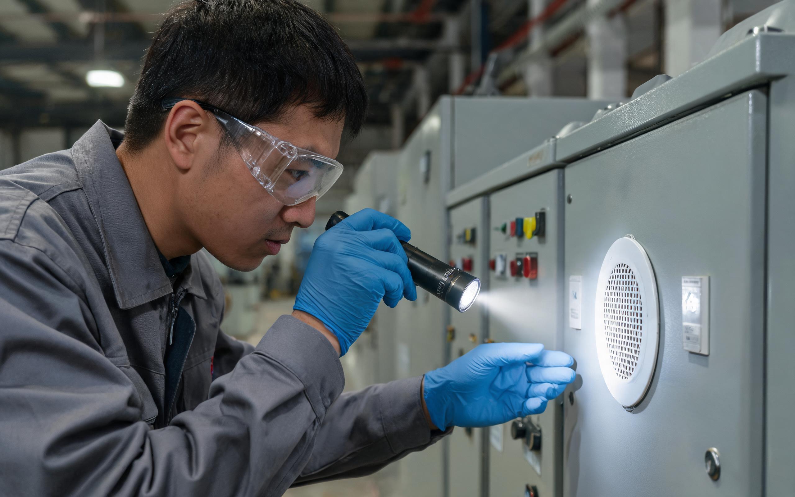 Scheduled membrane inspection Technician inspecting the membrane vent on an embedded industrial pc during cabinet service