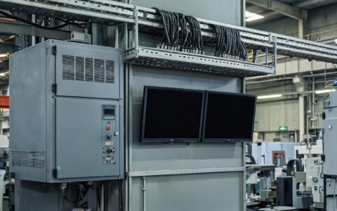 variable-frequency drive cabinet beside panel-mounted industrial display monitors on a machining line, motor cables and signal cables sharing an overhead cable tray, realistic industrial documentary photography, dark screens with no readable text, no people