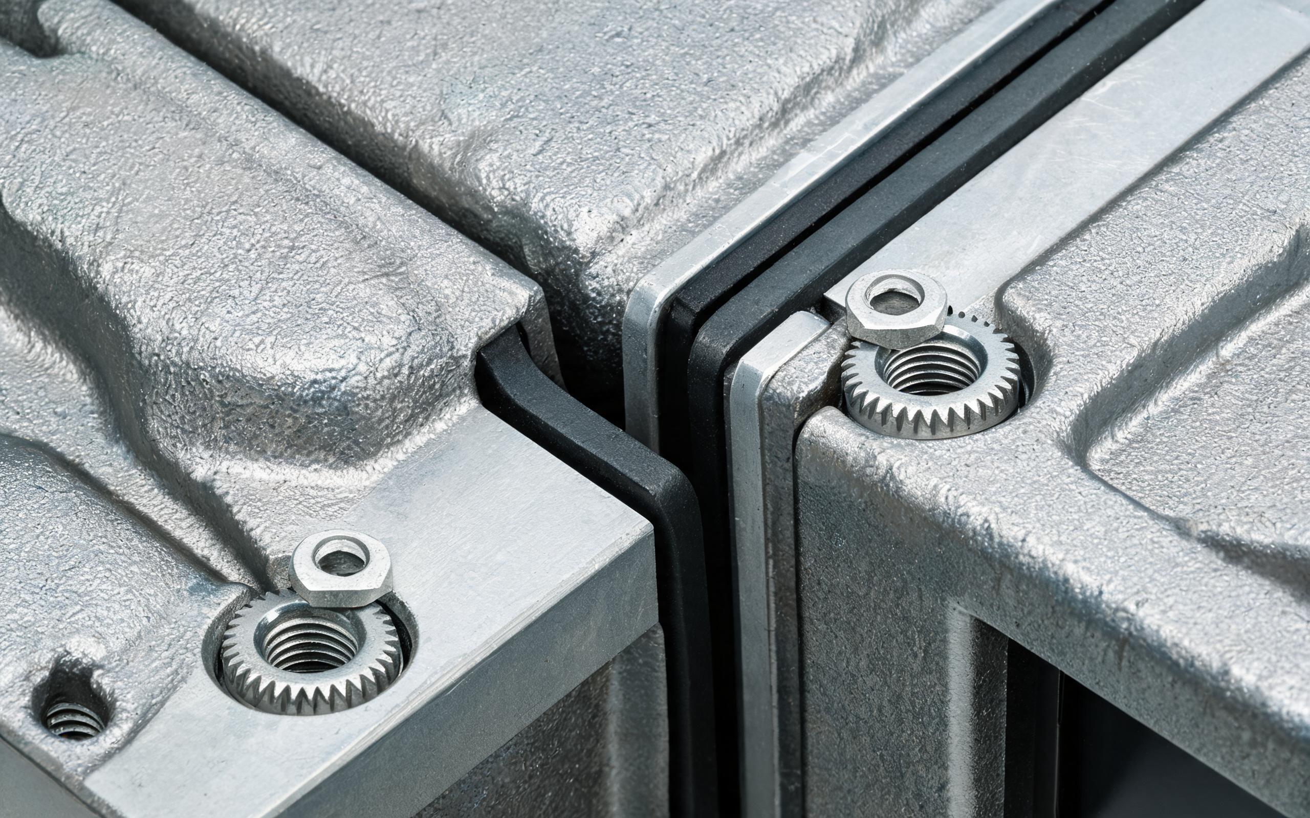 close-up engineering photograph of unpainted metal flange contact pads, serrated lock washers and conductive elastomer gasket on the enclosure seam of industrial display monitors, cast aluminum housing, realistic macro industrial photography, no readable text, no people