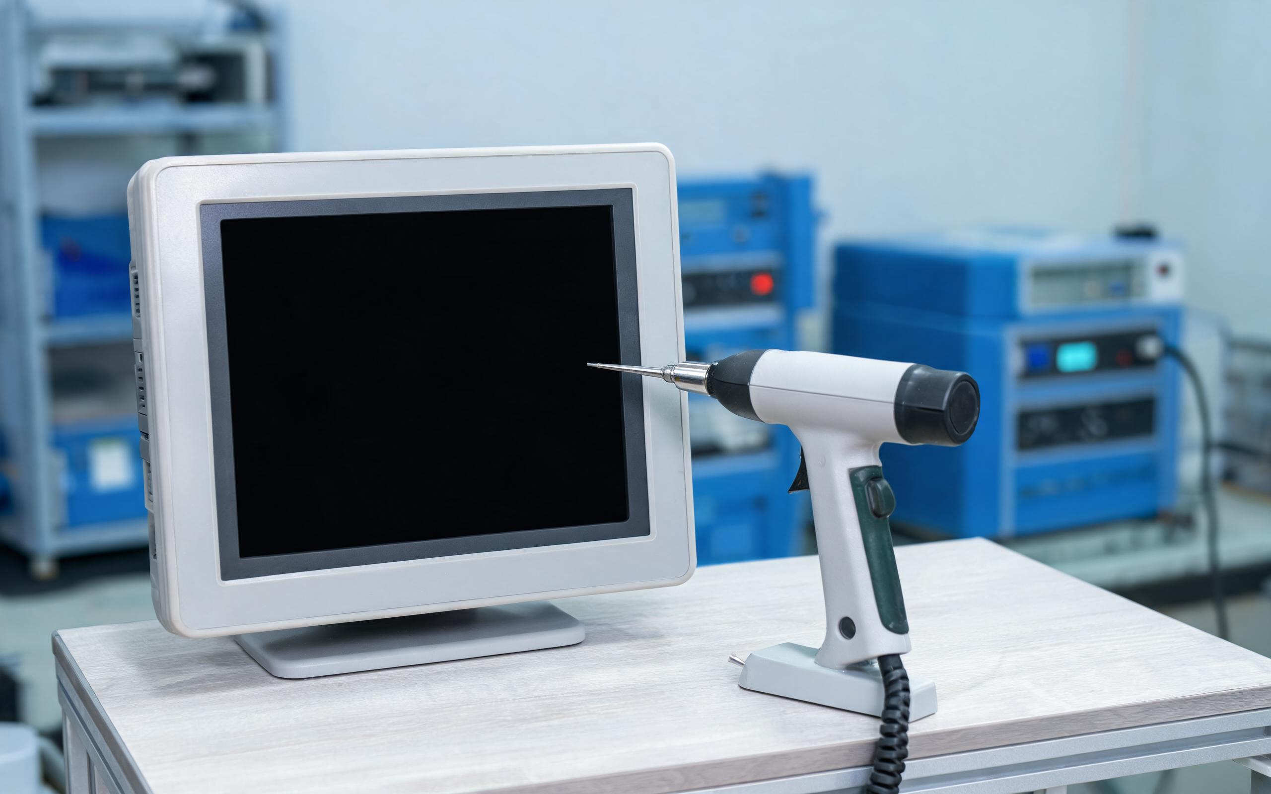 EMC compliance laboratory, ESD simulator gun aimed at the bezel of panel-mounted industrial display monitors on a non-metallic test table, blue test equipment in soft background, realistic industrial photography, dark screen with no readable text, no people