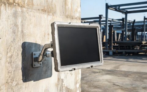 rugged industrial monitor with sealed front bezel mounted on a sun-facing concrete wall of an outdoor industrial loading yard under harsh midday sun, realistic industrial documentary photography, dark screen with no readable text, no people