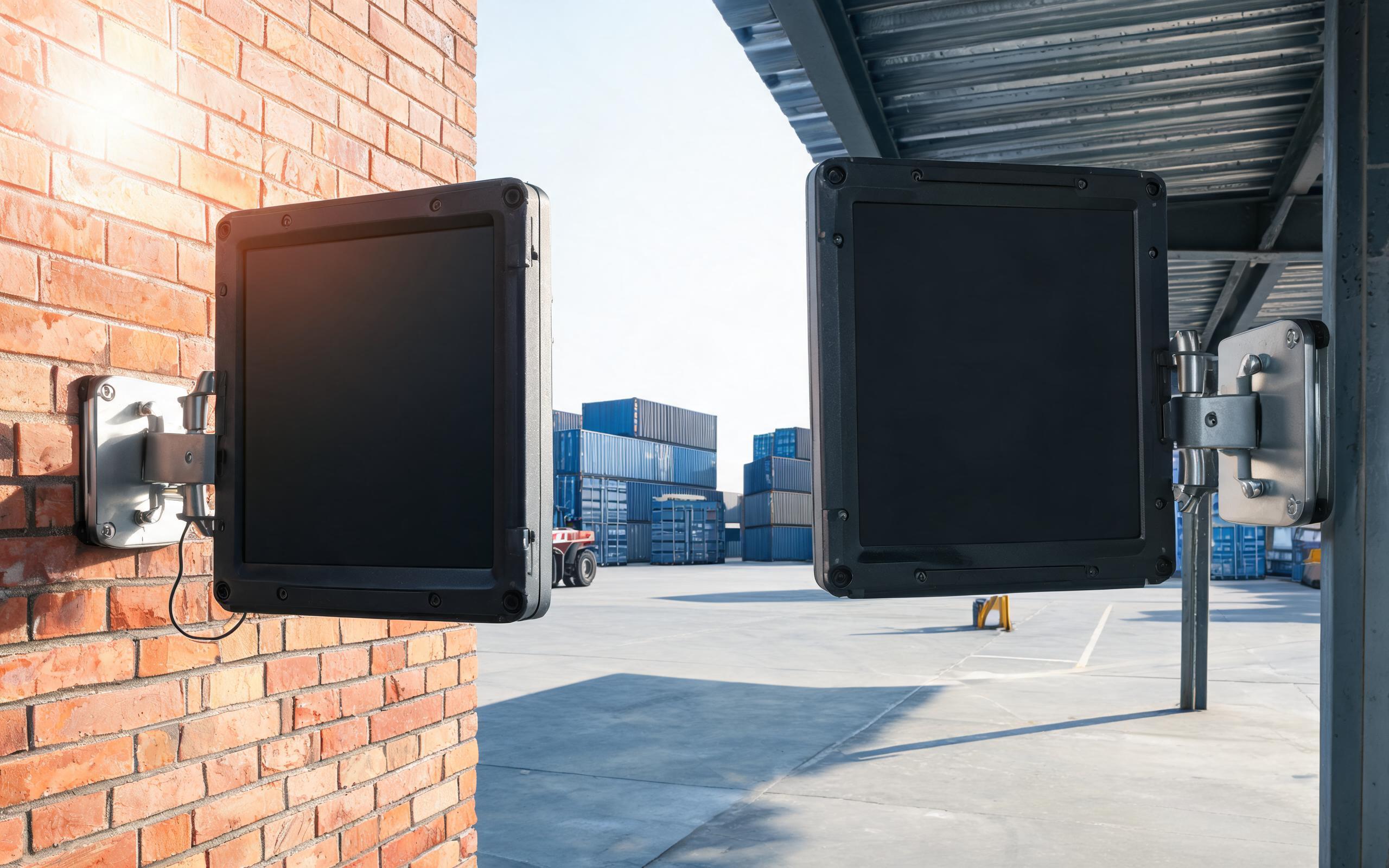 Sun versus shaded rugged monitor mounting sites two rugged industrial monitor units in an industrial truck yard, one on a sun-facing brick wall under blazing sun and another under a shaded metal canopy, stainless VESA mounts, freight containers and concrete pavement, realistic industrial photography, dark screens with no readable text, no people