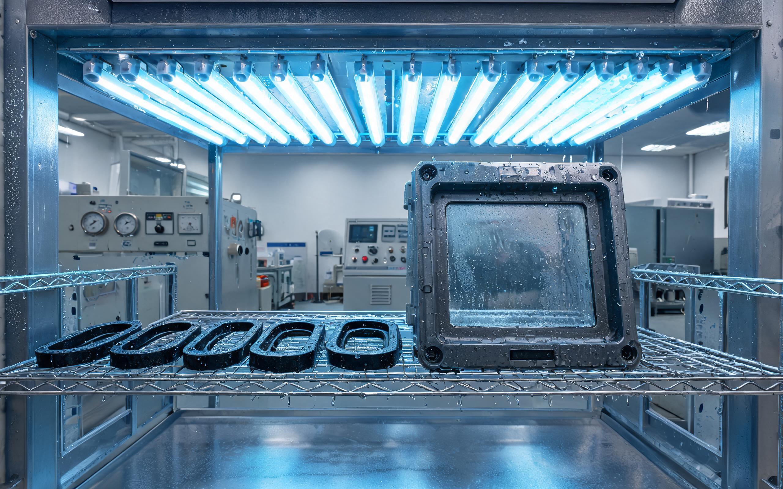 UV weathering chamber testing monitor gaskets accelerated weathering test chamber with rows of fluorescent UV lamps illuminating rubber gasket samples and a rugged industrial monitor front bezel specimen on a metal rack, condensation droplets, laboratory gauges, realistic industrial photography, no readable text, no people