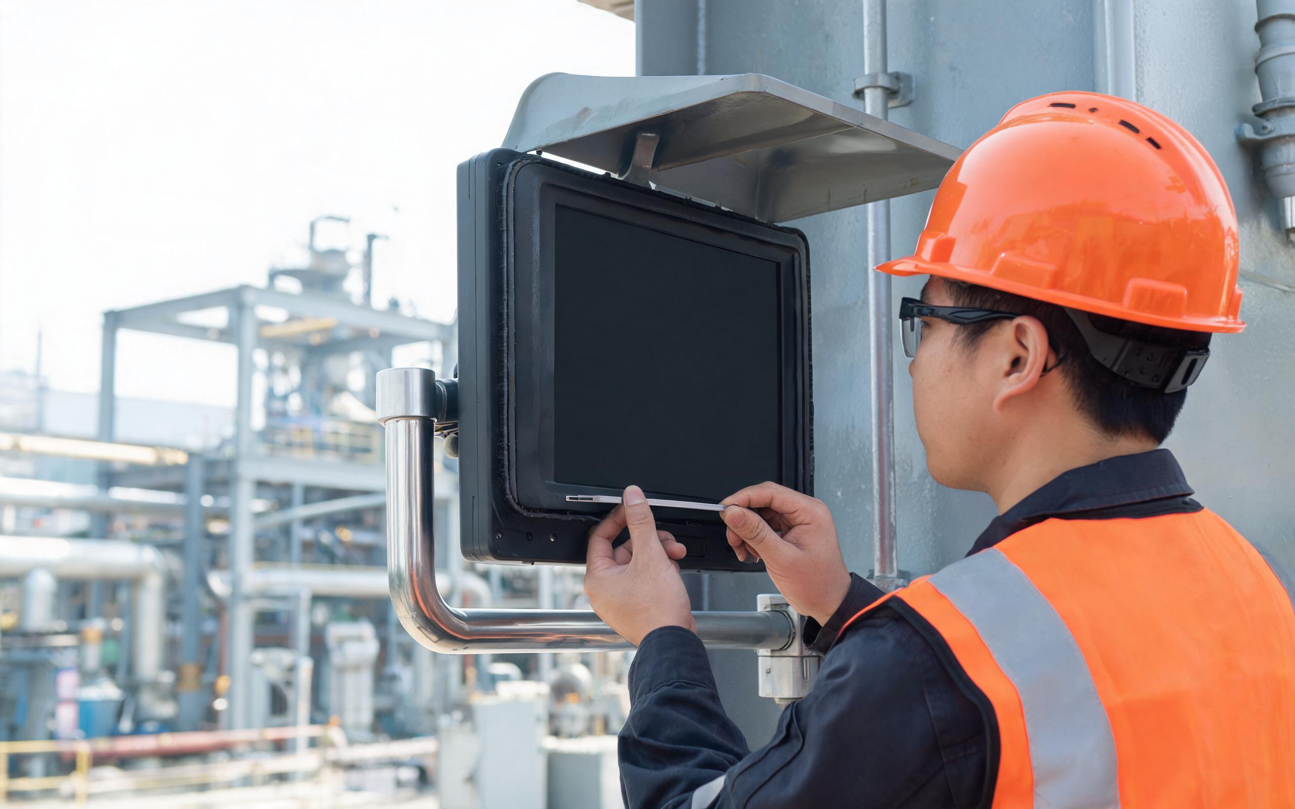 Rugged monitor gasket field inspection under sun hood maintenance technician in safety vest inspecting the front rubber gasket of a rugged industrial monitor installed under a formed metal sun hood on an outdoor plant wall, feeler gauge along the bezel seal, VESA arm mount, pipelines and steel structures in soft background, realistic industrial photography