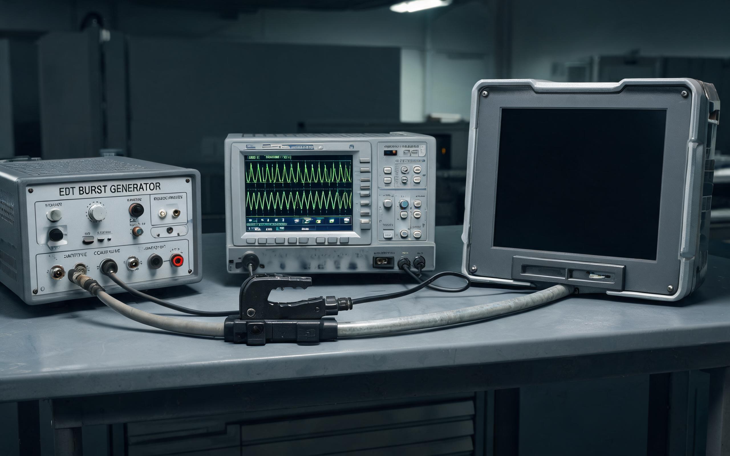 IEC 61000-4-4 coupling clamp test bench EMC engineering laboratory bench with an electrical fast transient burst generator connected through a capacitive coupling clamp clamped on a cable leading to a sealed industrial touch screen, oscilloscope showing pulse waveforms, realistic industrial photography, dark screen with no readable text, no people