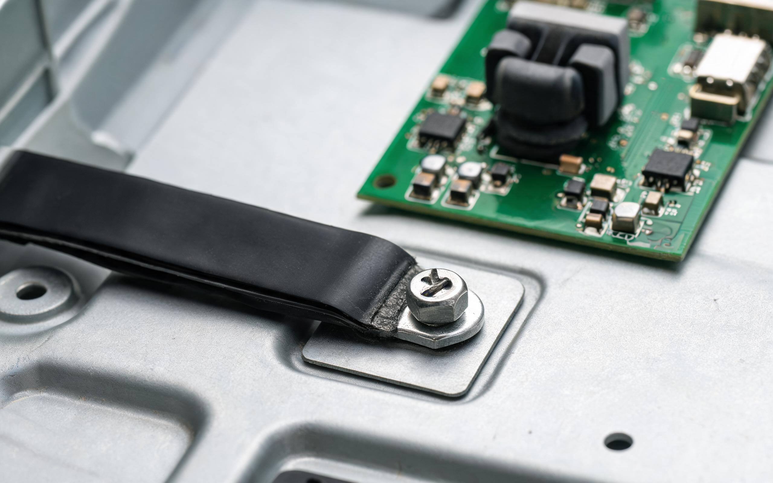 Shielded flex grounding and input filtering detail close-up engineering view inside an industrial panel pc showing a shielded flat flex cable bonded to an unpainted aluminum chassis grounding point, common-mode choke and ceramic decoupling capacitors on a small controller board, realistic industrial macro photography, no readable text, no people