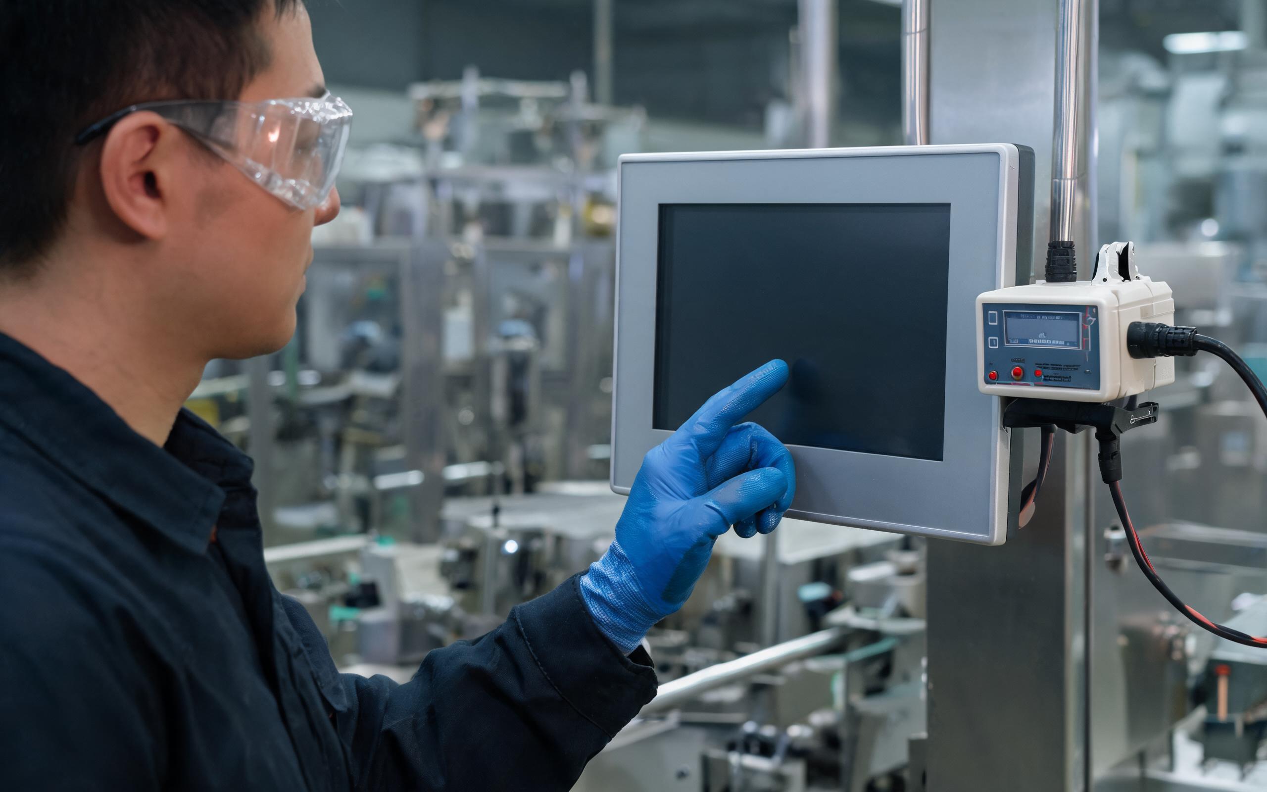 Touch routine verification during burst injection acceptance test on a factory packaging line, engineer in safety gloves running a scripted touch routine on an industrial touch panel pc while a compact EFT burst generator is clipped to the panel cable, stainless packaging machinery in soft background, realistic industrial documentary photography, no readable text