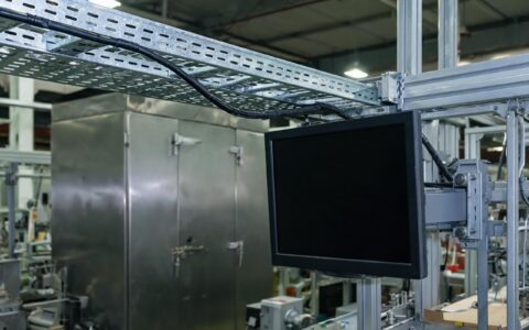 Equalizer Adaptation in Long-Haul Industrial PC Monitors long shielded video cable routed through an overhead cable tray toward a panel-mounted industrial pc monitor on a packaging line gantry, control cabinet in background, realistic industrial documentary photography, dark screen with no readable text, no people