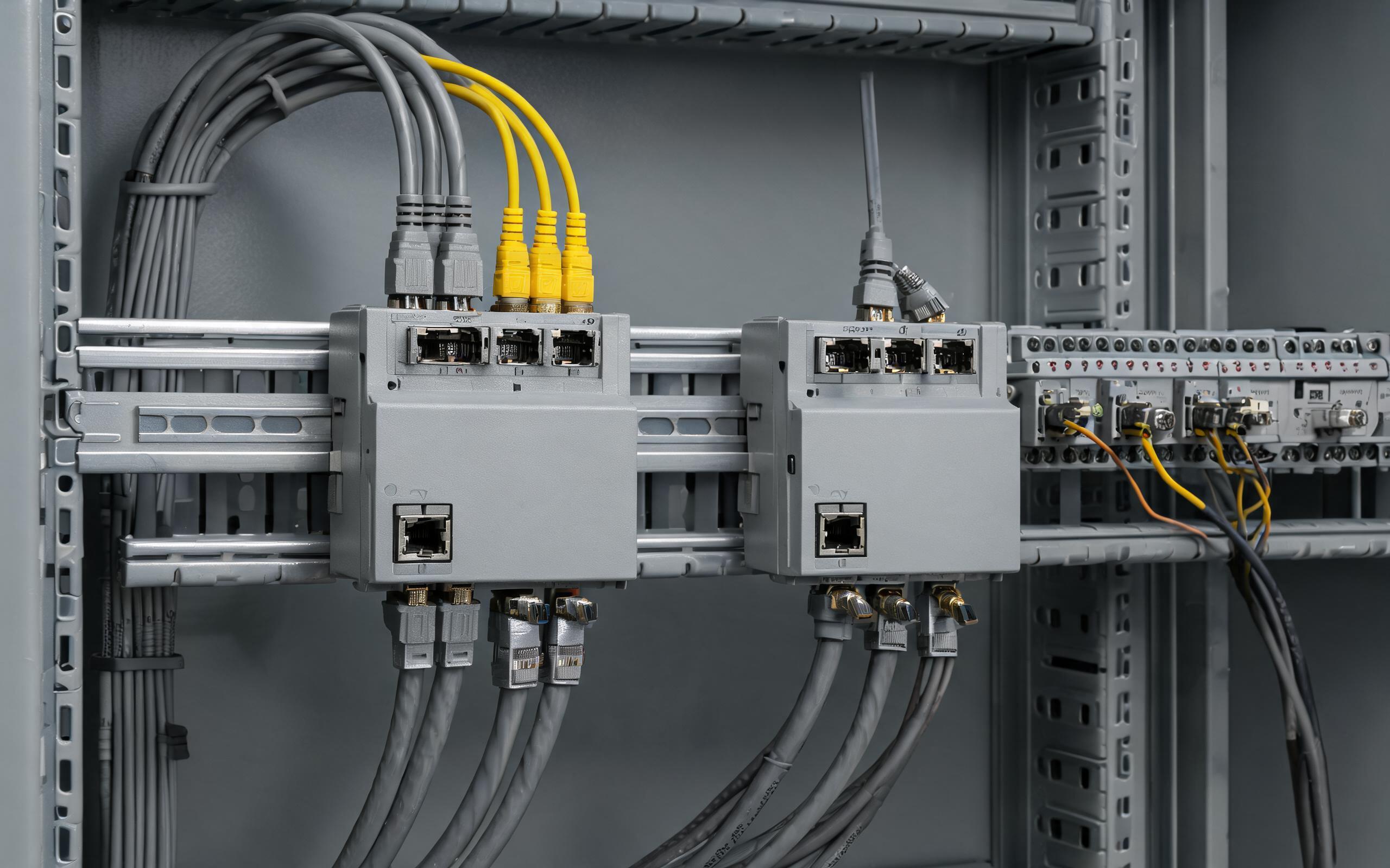 DIN-rail video extender modules inside a control cabinet close-up engineering photograph of DIN-rail mounted HDMI and DisplayPort extender transmitter and receiver modules with shielded Cat6a and fiber patch cords inside an industrial control cabinet, realistic industrial photography, no readable text, no people
