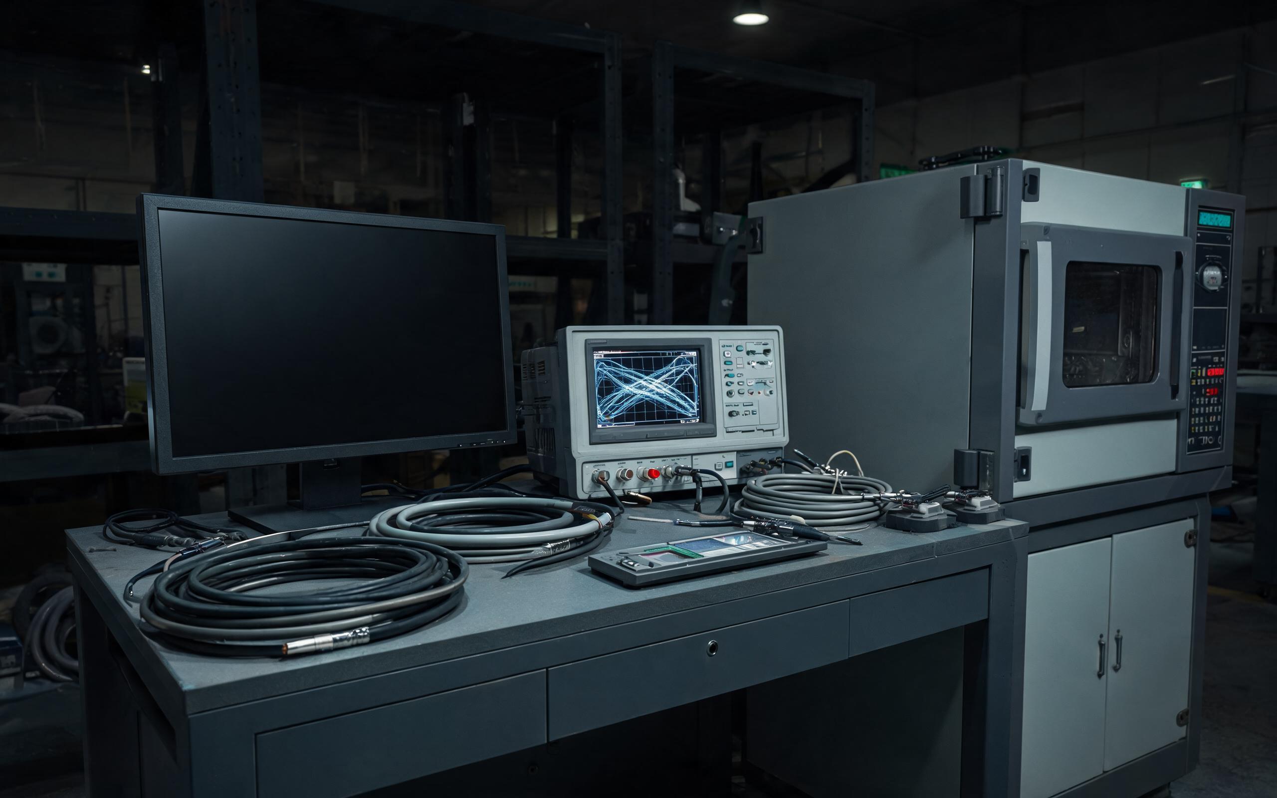 Eye-pattern and resync soak test for a display link industrial commissioning test bench with an industrial pc monitor on a non-metallic stand, cable analyzer displaying an abstract eye-pattern waveform, thermal chamber and cable samples nearby, realistic industrial photography, dark screen with no readable text, no people