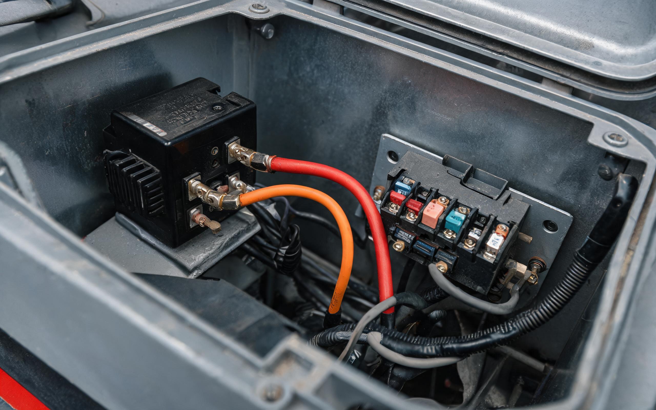 close-up of an ignition control module wired to a forklift fuse panel with ACC and battery leads in a small sealed metal box, industrial vehicle electrical cabinet wiring, realistic industrial documentary photography, no readable text, no people