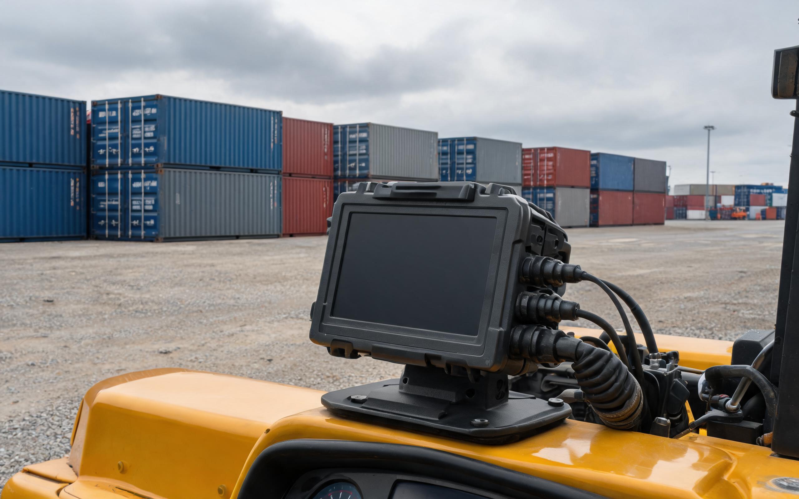 rugged vehicle mount computer docked on an outdoor yard tractor chassis with sealed cables and connector boots, overcast freight yard with stacked containers in the background, realistic industrial documentary photography, dark screen with no readable text, no people