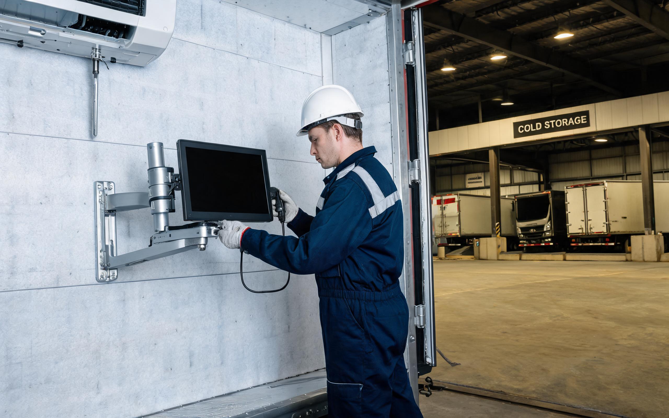 maintenance technician commissioning a fixed arm-mounted industrial touch pc in a refrigerated truck cabin using a programming cable, cold distribution center loading bay in the background, realistic industrial documentary photography, dark screen with no readable text
