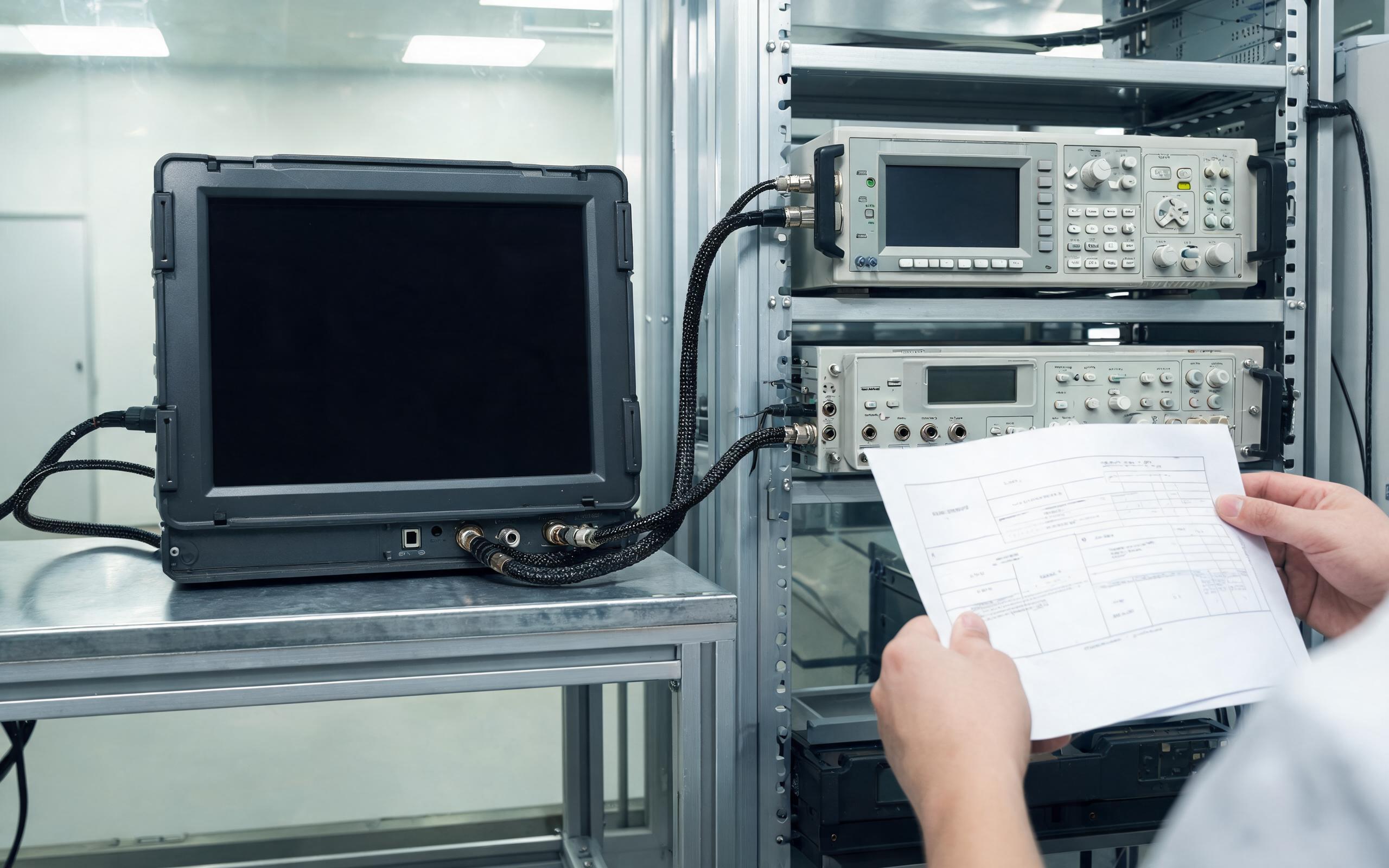 Emissions test bench with spectrum analyzer and report review EMC laboratory bench with a sealed industrial monitor connected to a spectrum analyzer and LISN network by shielded cables, engineer hands holding a printed emissions report beside the test rack, realistic industrial documentary photography, no readable text