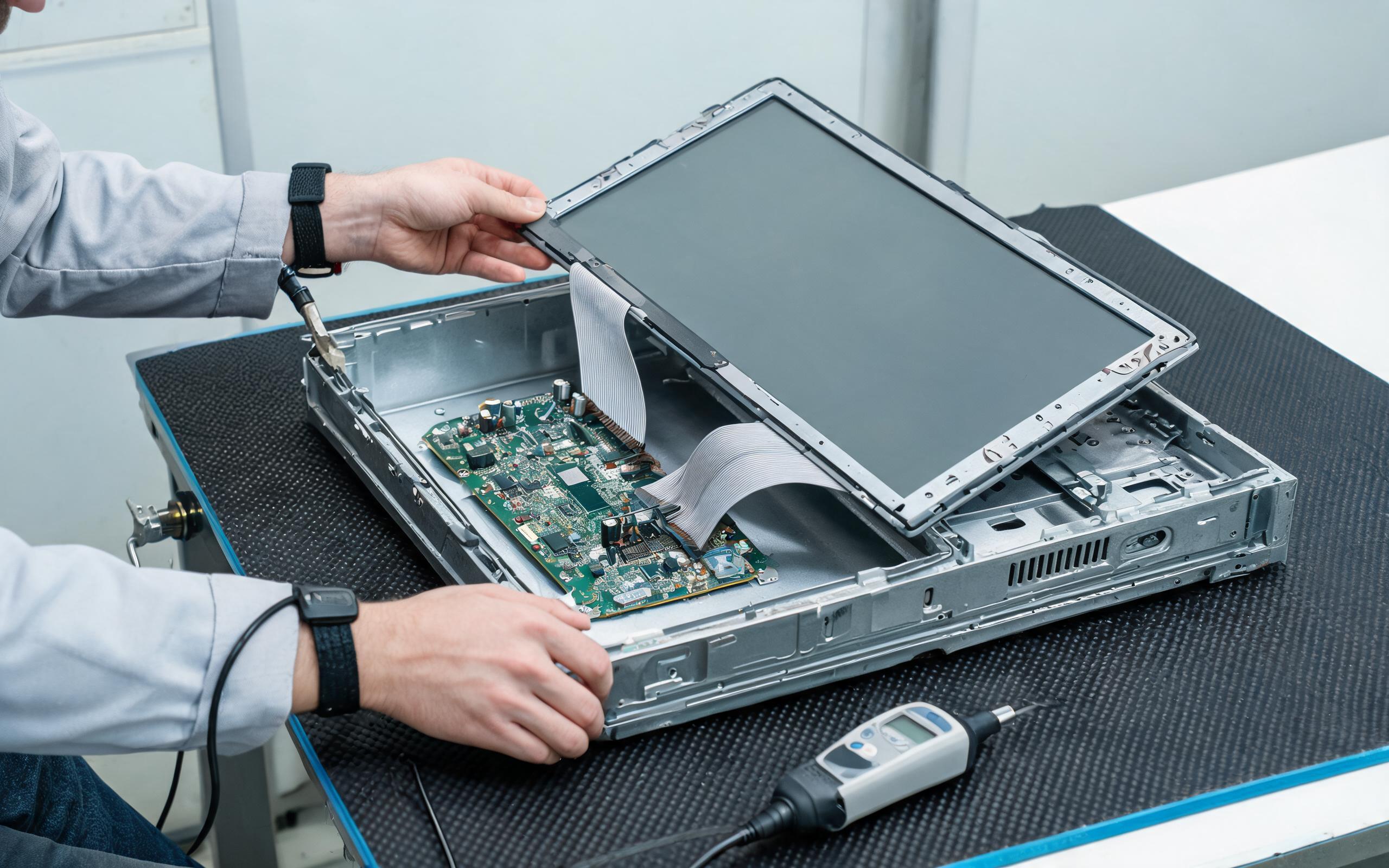 Panel substitution inside an open industrial monitor at an ESD bench ESD-protected engineering workbench where a technician replaces an LCD panel inside an open industrial monitor chassis, controller board and flat signal cables visible, wrist strap and pre-compliance probe nearby, realistic industrial documentary photography, no readable text