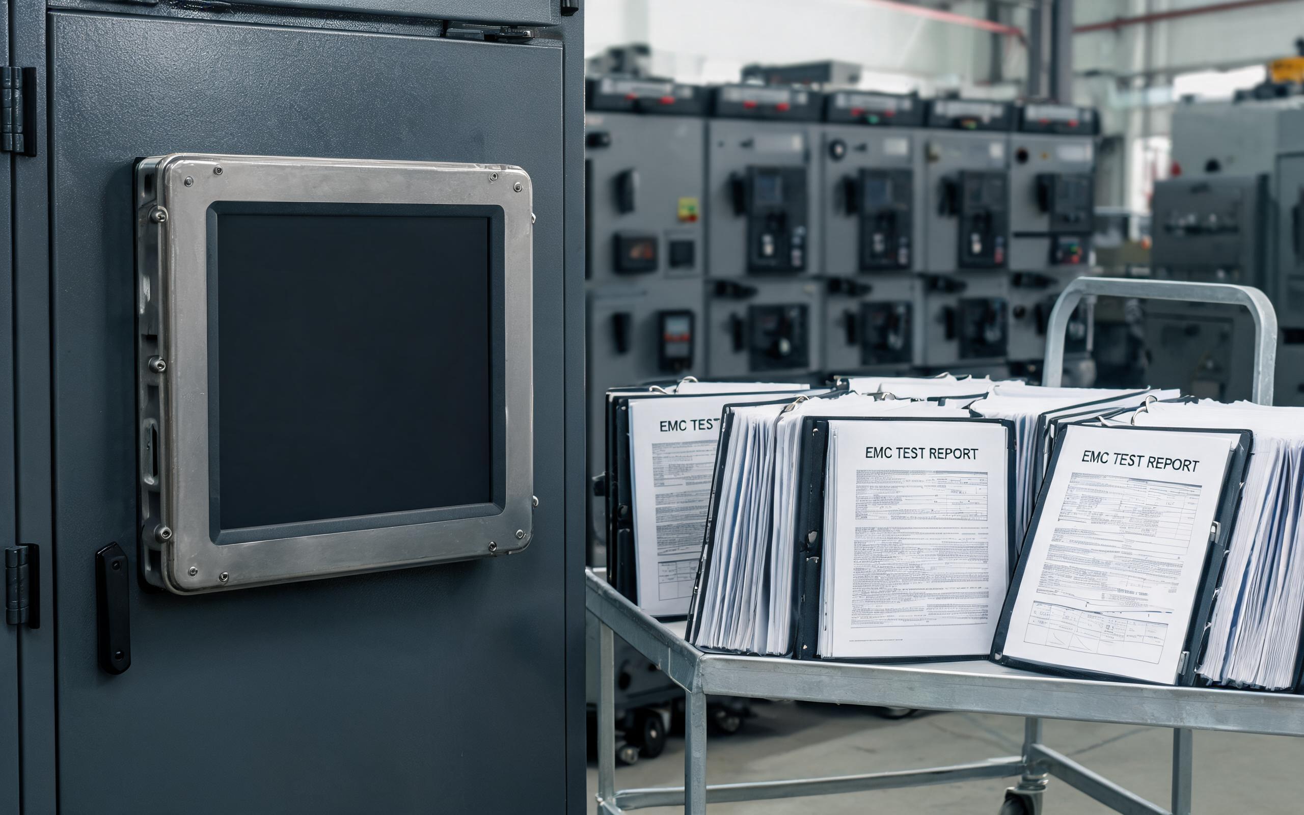 EMC evidence package reviewed beside a cabinet-mounted monitor sealed industrial monitor panel mounted on a factory motor control cabinet next to a metal cart holding open EMC test report binders, motor control center and variable-frequency drives in the background, realistic industrial documentary photography, dark screen with no readable text