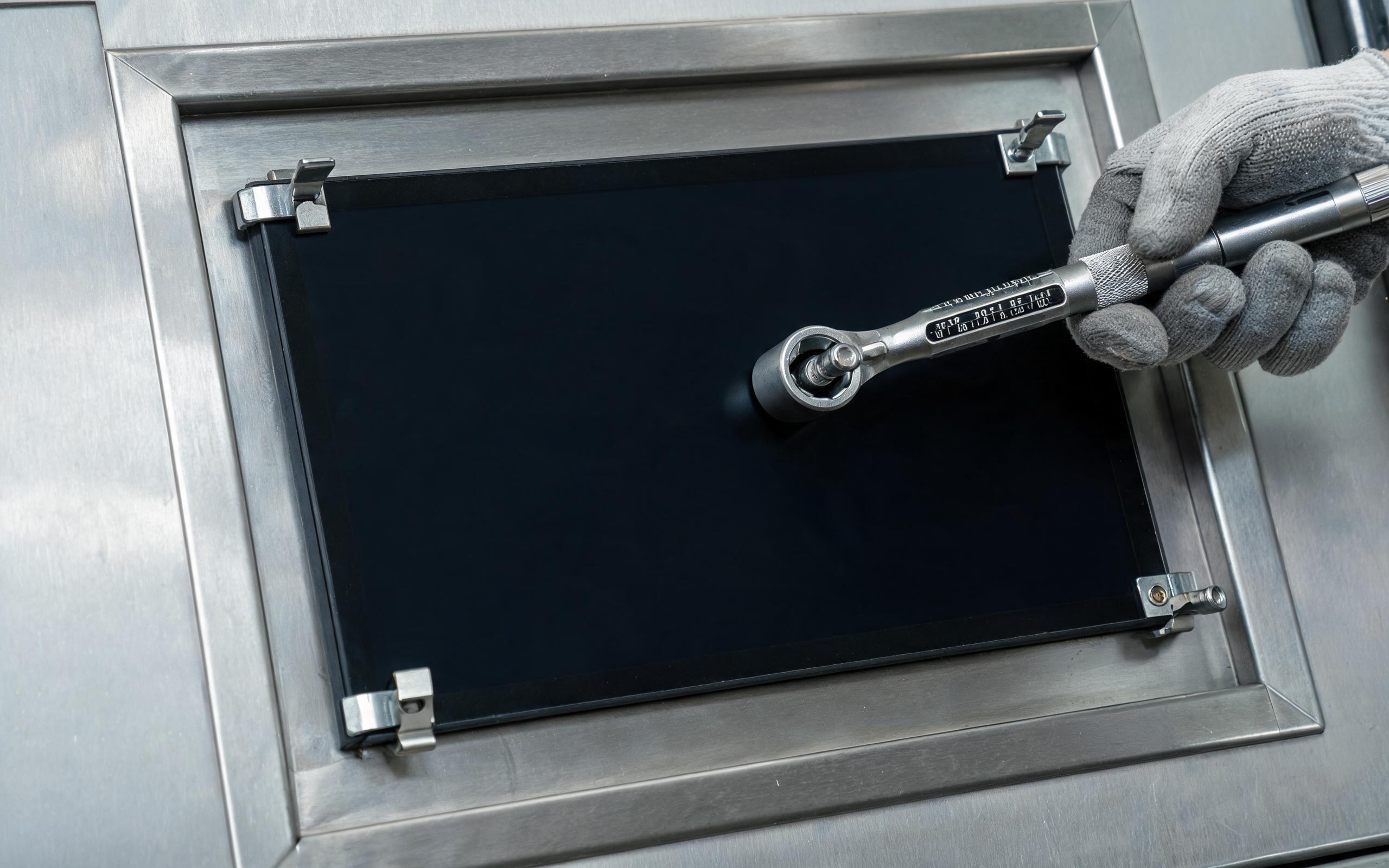 Torque wrench on monitor mounting clips close-up of a technician hand using a calibrated torque wrench on mounting clips around an embedded touchscreen monitor seated in a stainless control cabinet cutout, diagonal tightening sequence, realistic industrial documentary photography, dark screen with no readable text