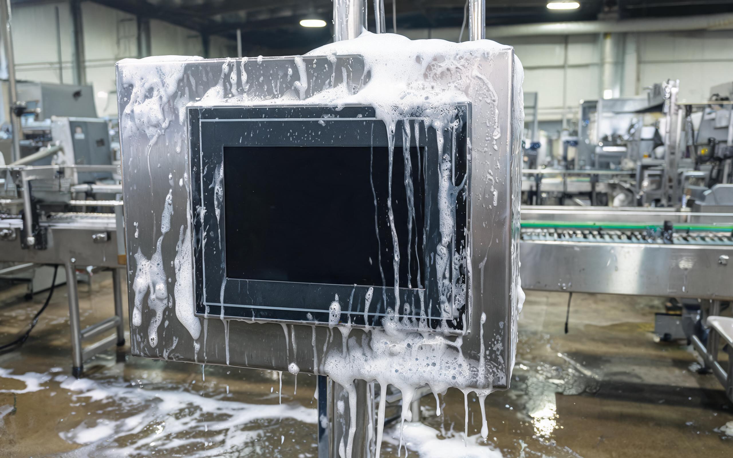 Washdown spray on a sealed cabinet monitor foam washdown cleaning of a food packaging line control cabinet with a sealed embedded touchscreen monitor, water and cleaning foam running across the flat bezel, wet factory floor, realistic industrial documentary photography, dark screen with no readable text