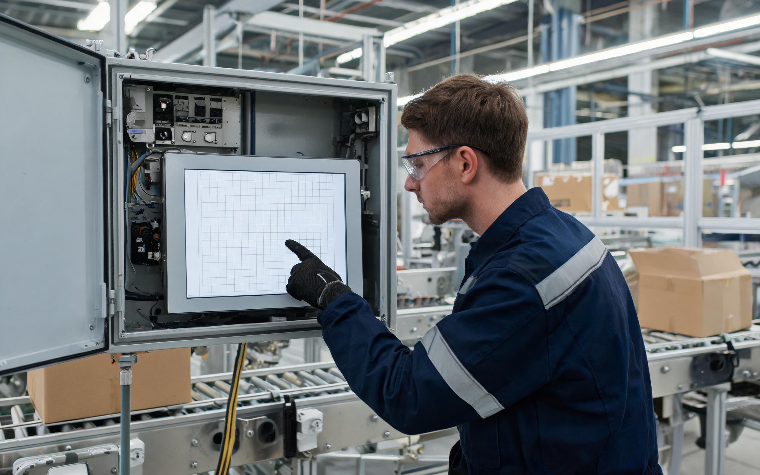 Edge touch verification after torque correction maintenance technician running an edge touch diagnostic on an installed embedded touchscreen monitor inside a packaging line cabinet after shim adjustment, industrial maintenance scene, realistic industrial documentary photography, plain test grid on screen with no readable text