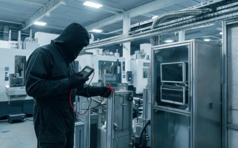maintenance technician using a multimeter between a CNC machine tool frame and a control cabinet running a CNC machinery industrial pc serial link, machining cell cable tray, realistic industrial documentary photography, no readable text, no faces