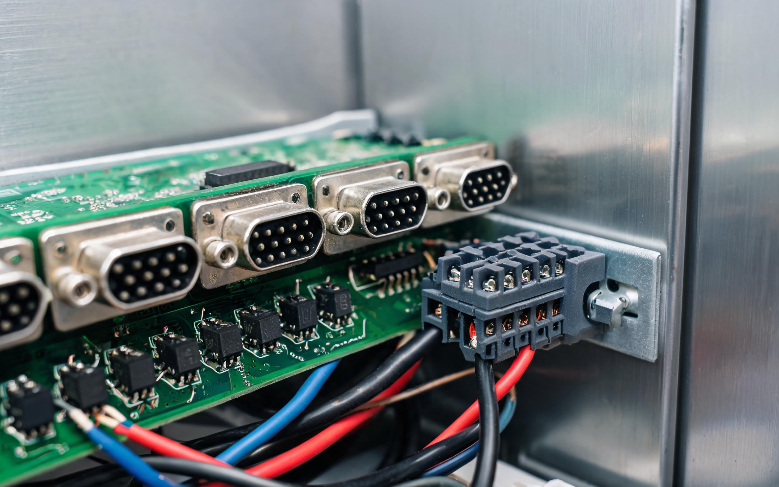 Isolated serial port bank inside a control cabinet close-up of isolated DB9 serial port bank with optocoupler isolation circuitry inside an industrial computer control cabinet on DIN rail, realistic macro industrial photography, no readable text