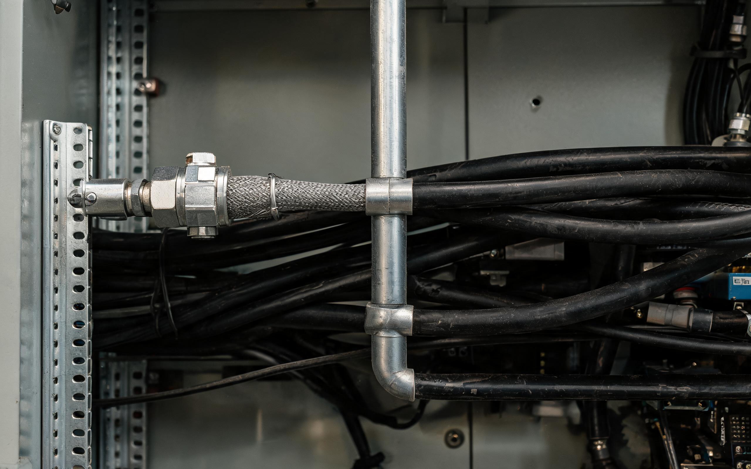 Shielded serial cable routed away from drive wiring shielded serial cable routed in separate conduit crossing spindle drive power cables at ninety degrees in a CNC machine shop cable tray with a grounded gland clamp, realistic industrial documentary photography
