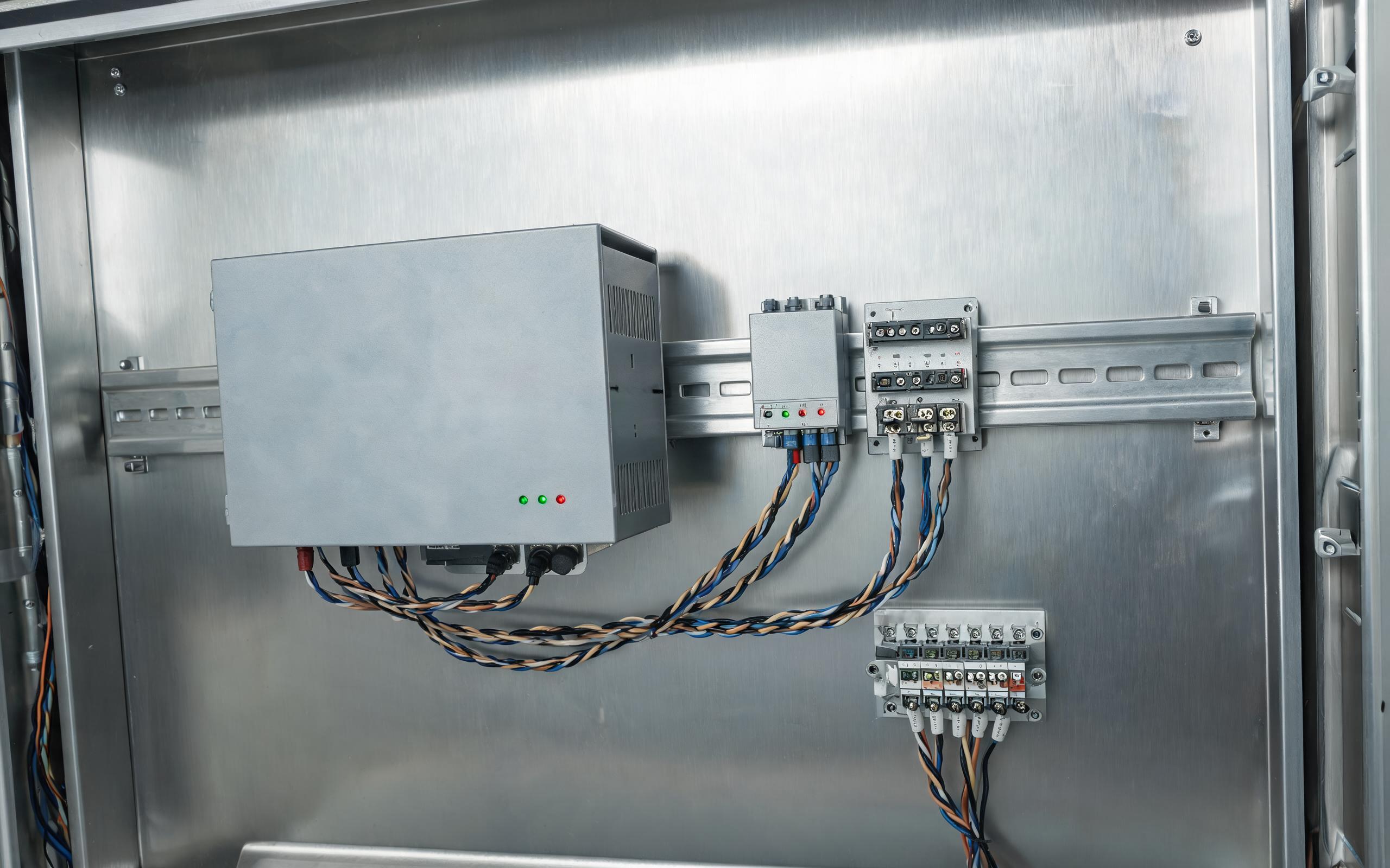 Isolated differential converter on a DIN rail DIN rail mounted isolated RS-485 serial converter beside an industrial computer inside a CNC machining cell control cabinet, differential pair wiring and status indicators, realistic industrial photography, no readable text