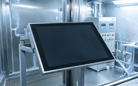 industrial capacitive touch screen panel mounted on a bracket inside a temperature test chamber, frosty metal fixture and digital climate control panel in the background, sealed flat touch glass, realistic industrial documentary photography, dark screen with no readable text, no people