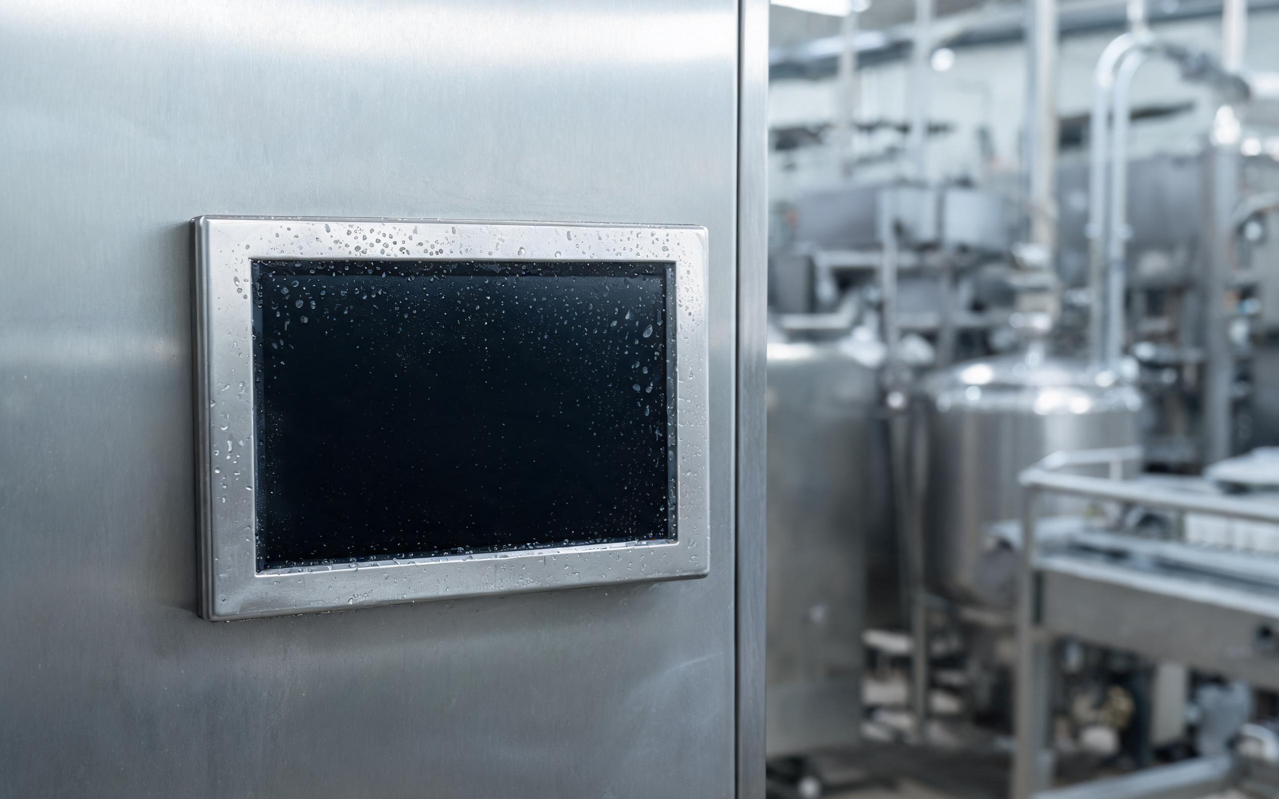 Condensation droplets beading on a sealed washdown touch display sealed rugged touch screen display mounted on a washdown wall with fine condensation droplets beading across the cover glass, stainless steel food processing equipment softly blurred in the background, realistic industrial documentary photography, dark screen with no readable text
