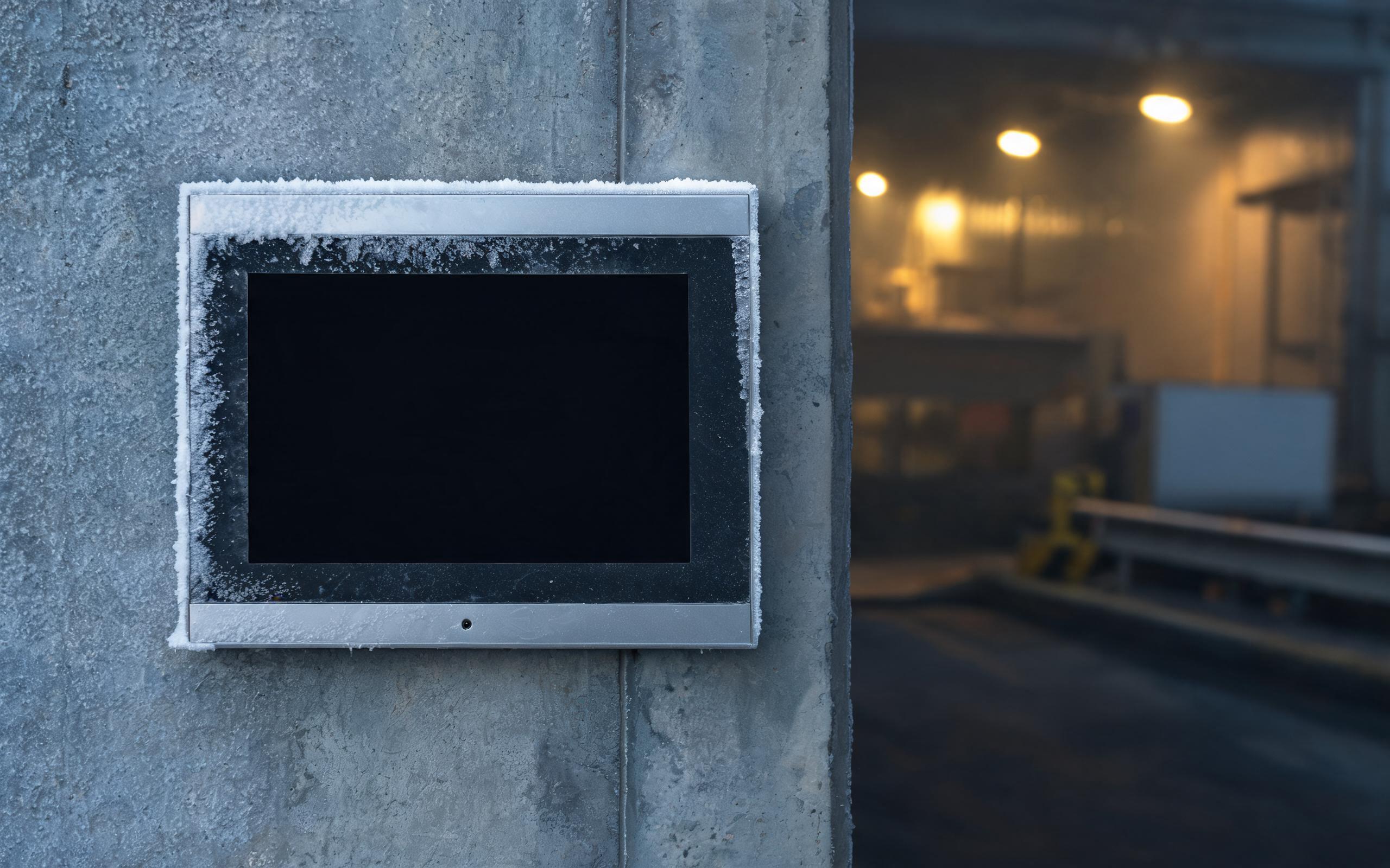 Outdoor touch panel validated at a cold-storage loading dock sealed industrial touch panel mounted on a cold-storage loading dock wall with light morning frost on the metal frame and warm factory light in the background, realistic industrial documentary photography, dark screen with no readable text, no people