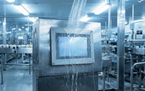 IP65 touch screen bezel hit by washdown spray on a packaging line