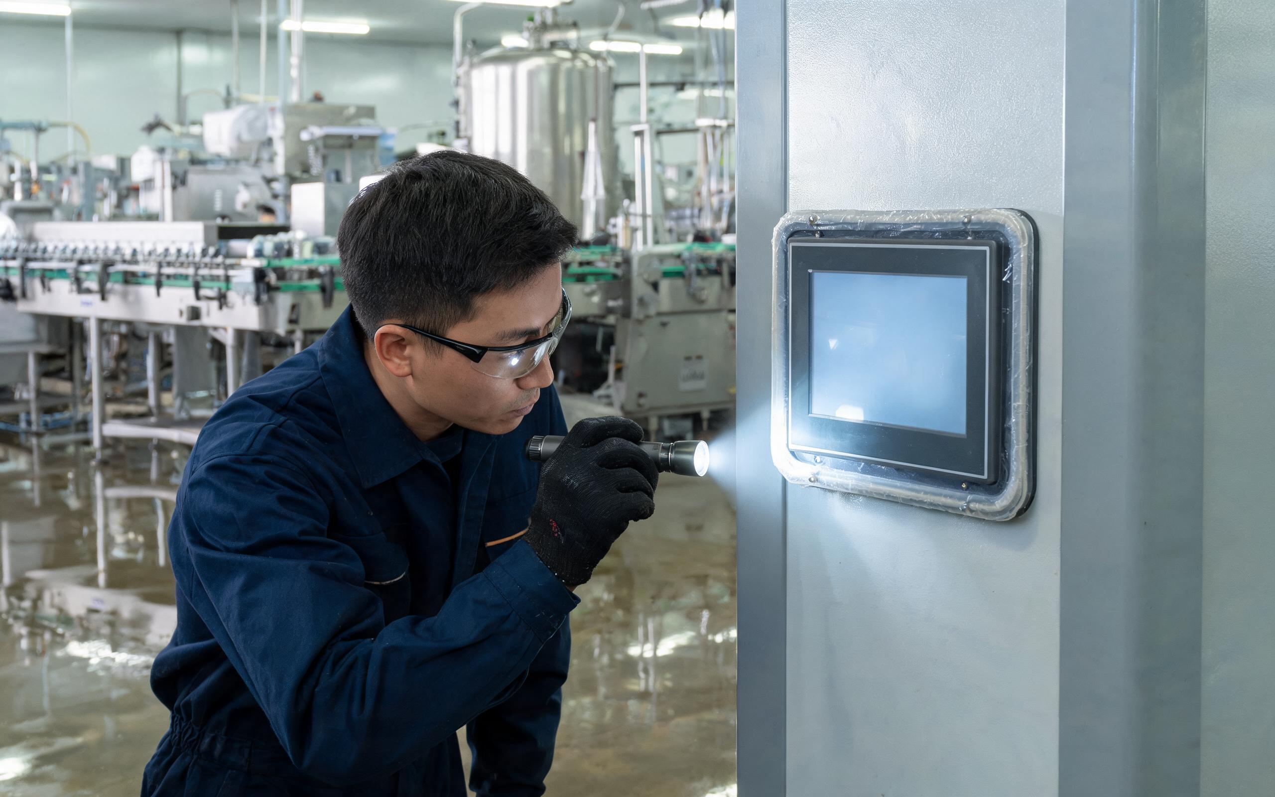 Quarterly Gasket Inspection on Beverage Line Maintenance inspection of an IP65 touch screen gasket on a beverage line