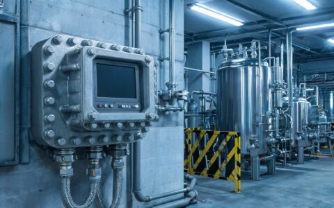 Industrial touch screen display in flameproof enclosure on chemical plant floor