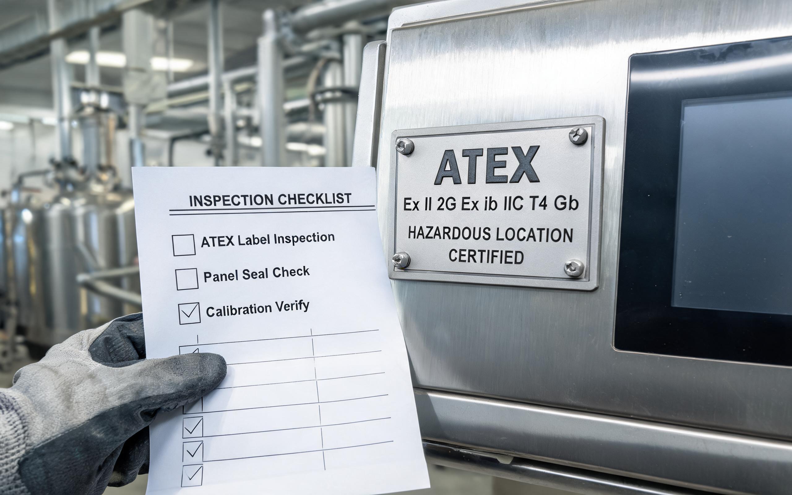 Engineer checking ATEX nameplate on certified industrial touch screen display