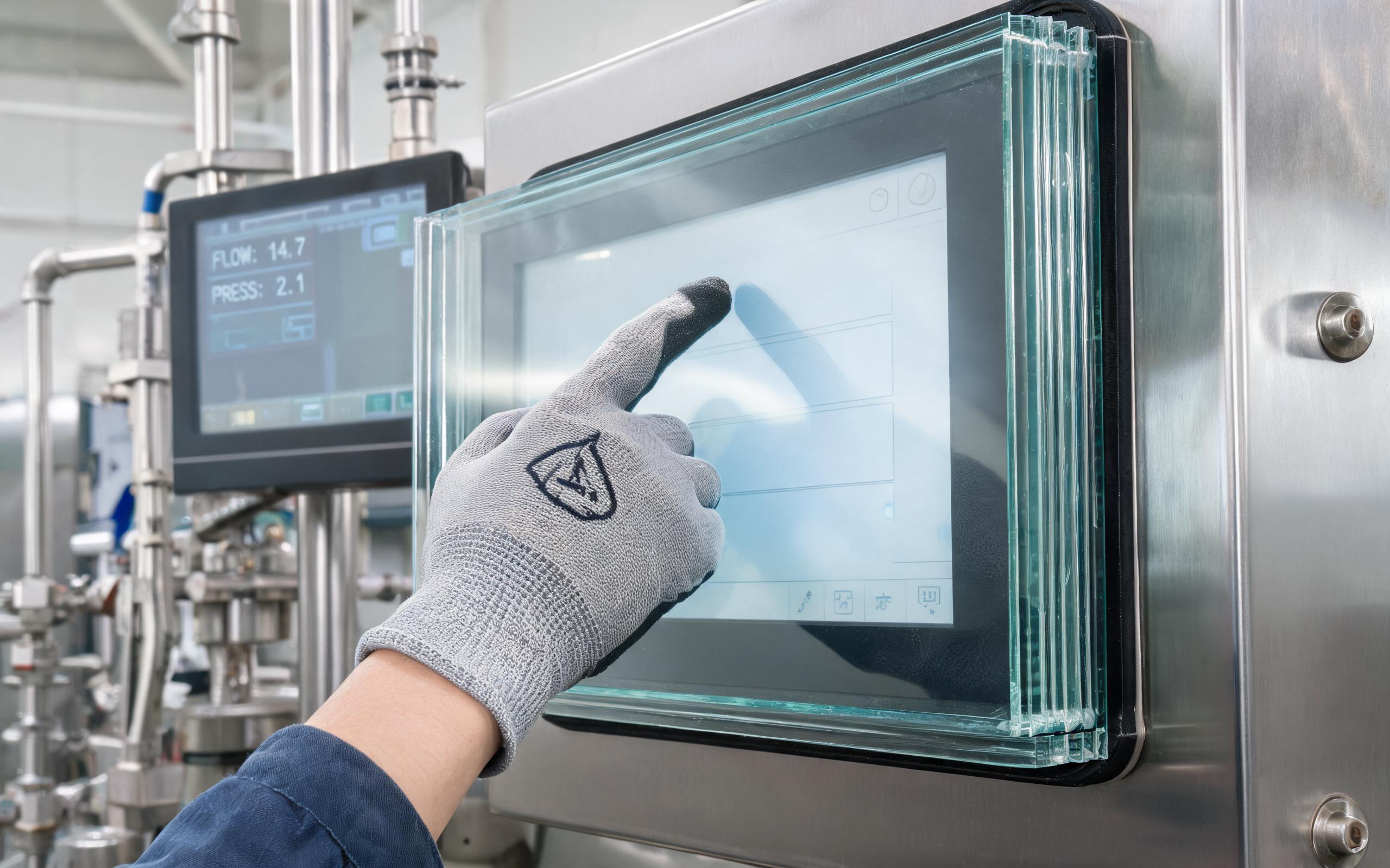 Gloved operator using laminated glass industrial touch screen display on filling line
