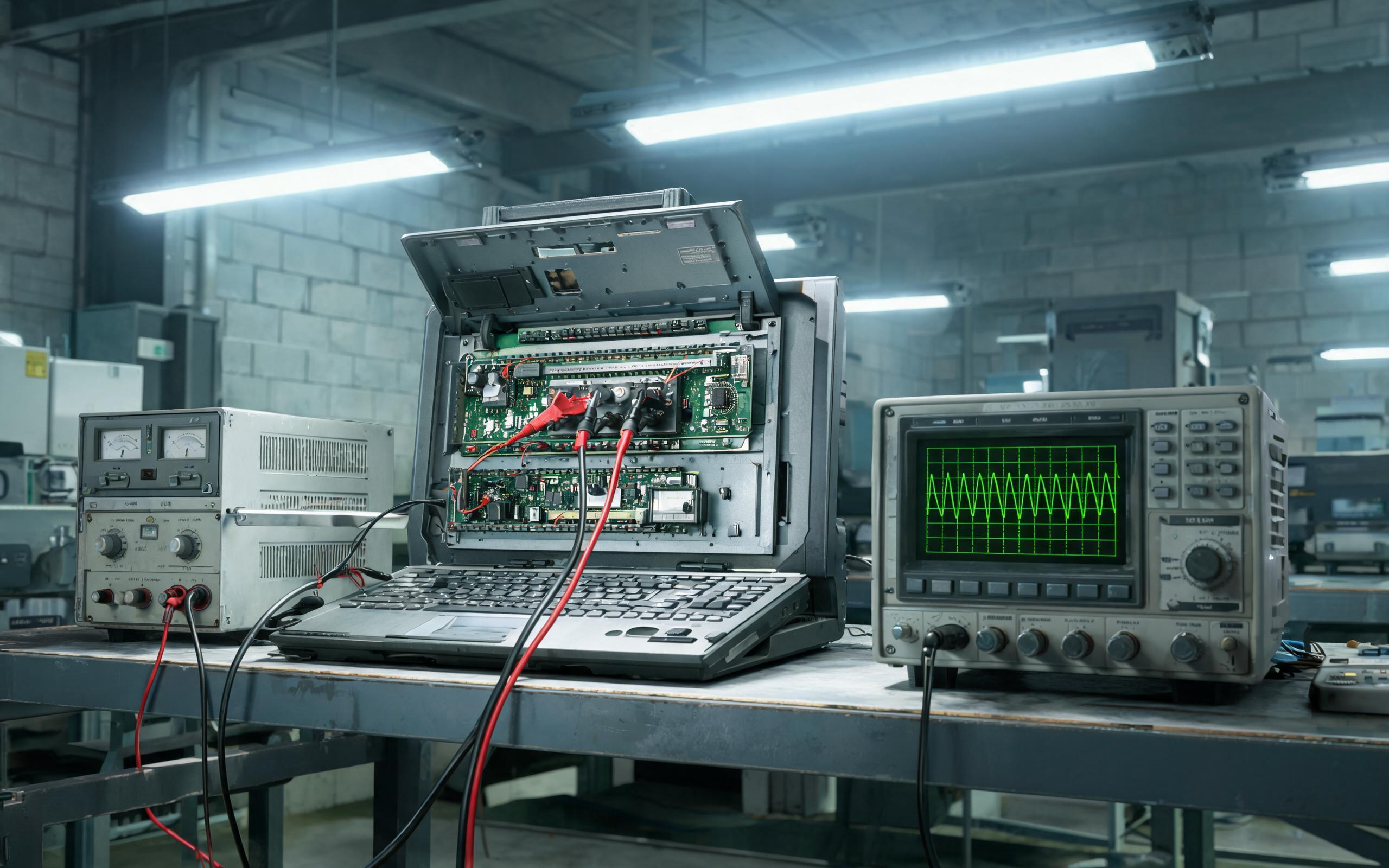 Power-Loss Testing on the Storage Rail Power-loss test bench probing the storage power rail of an industrial panel computer
