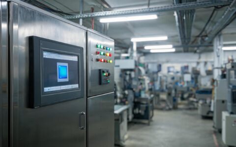 Industrial touch screen monitor on a packaging line showing a false touch highlight beside a variable-speed drive cabinet