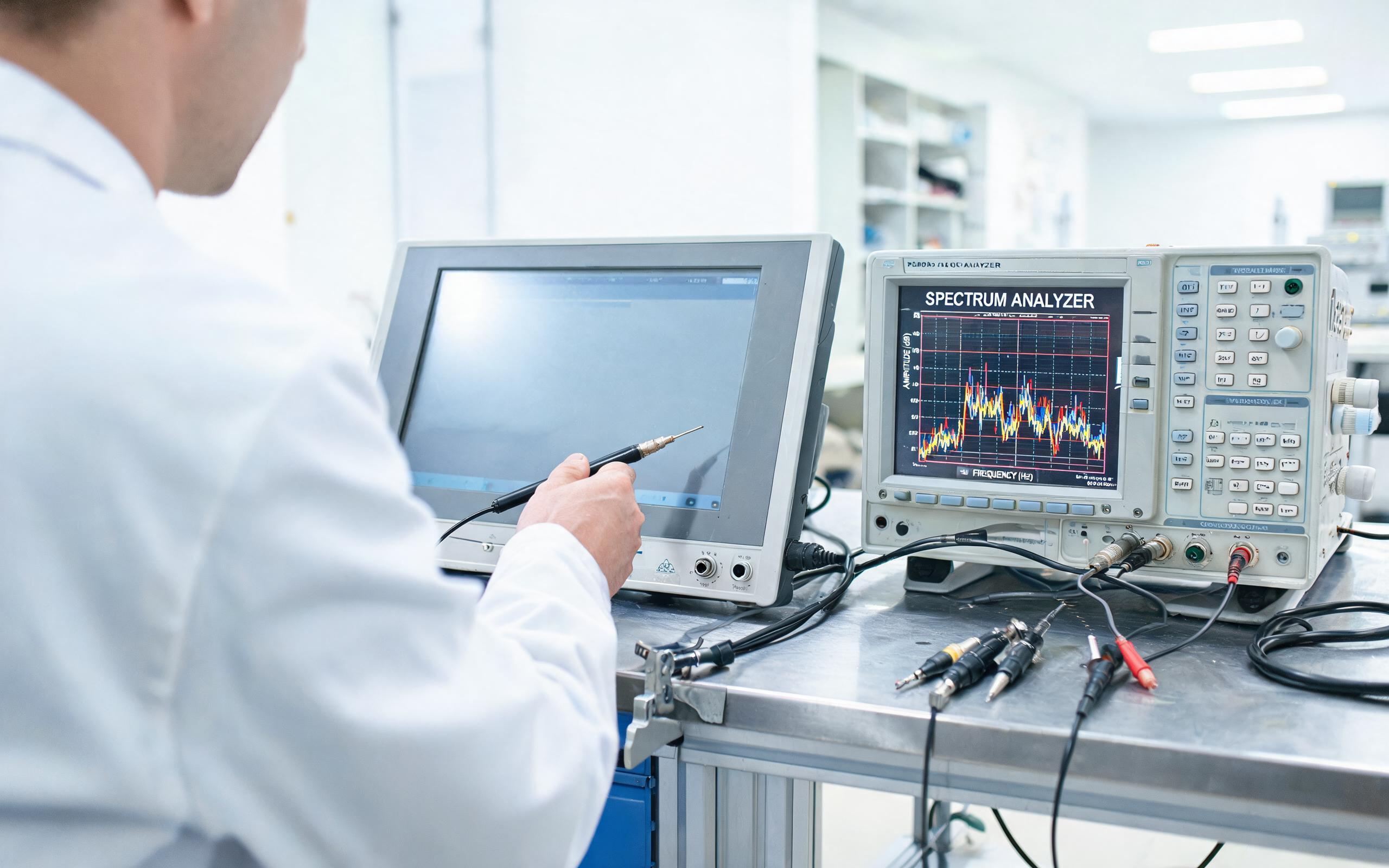 Spectrum Sweep at the EMC Bench Engineer measuring scan frequency noise on an industrial touch screen monitor with a spectrum analyzer at an EMC bench