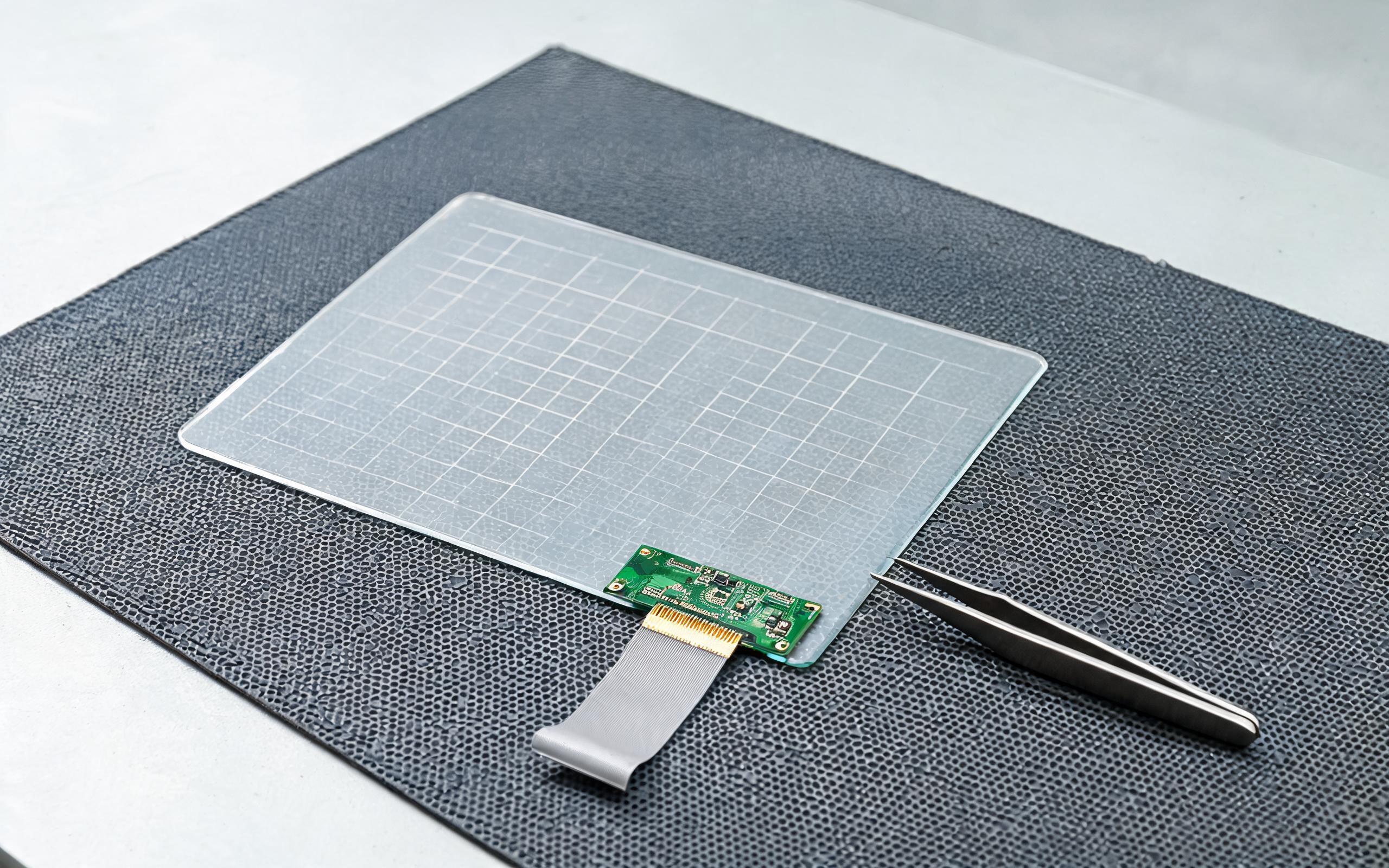 Capacitive Touch Controller and Sensor Close-up of a projected capacitive touch controller board bonded to an industrial touch screen monitor sensor glass