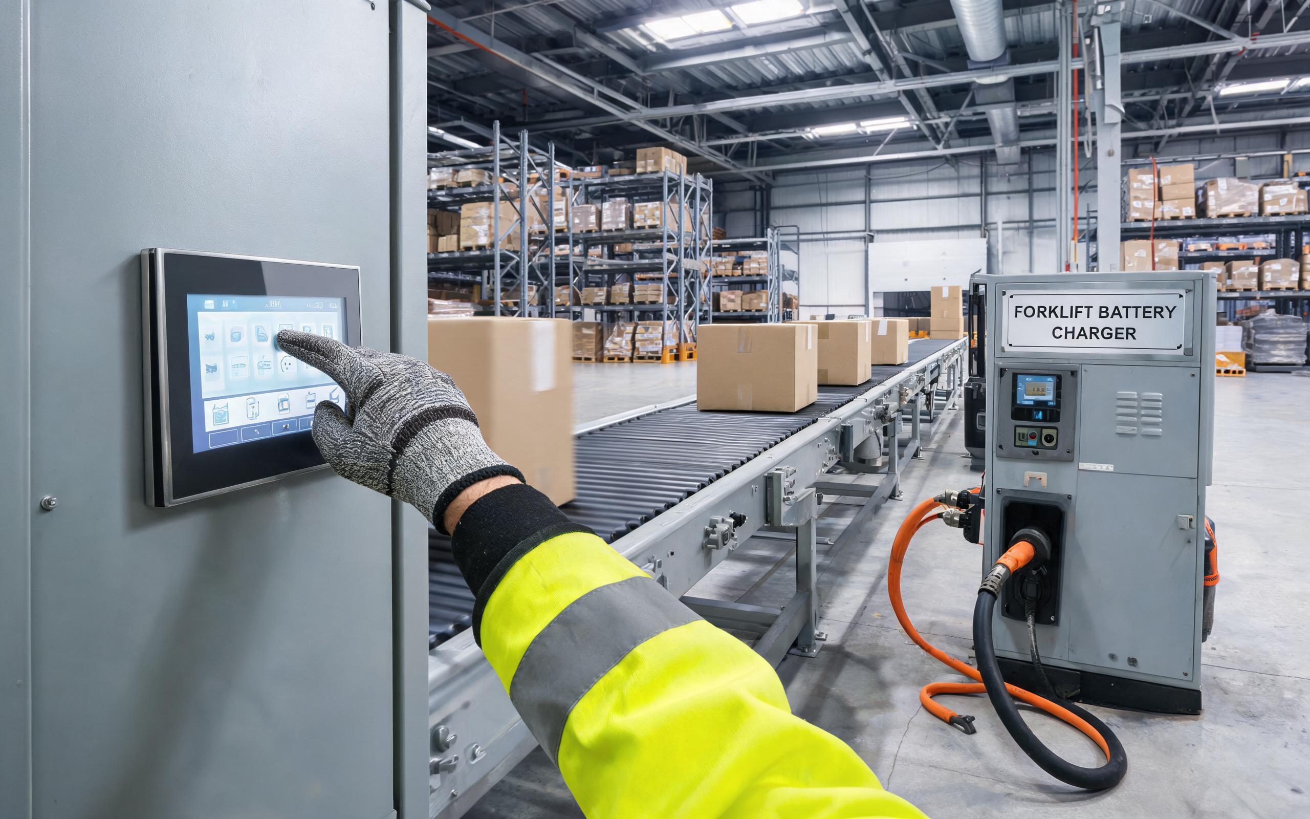 Machine-Level Touch Qualification Operator in cut-resistant gloves qualifying an industrial touch screen monitor beside a running conveyor and charger dock