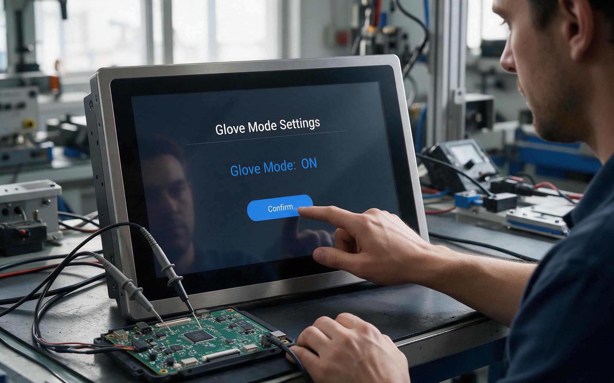 Glove Mode Tuning at the Bench Engineer adjusting glove mode settings on an industrial touchscreen panel pc at a controller test bench