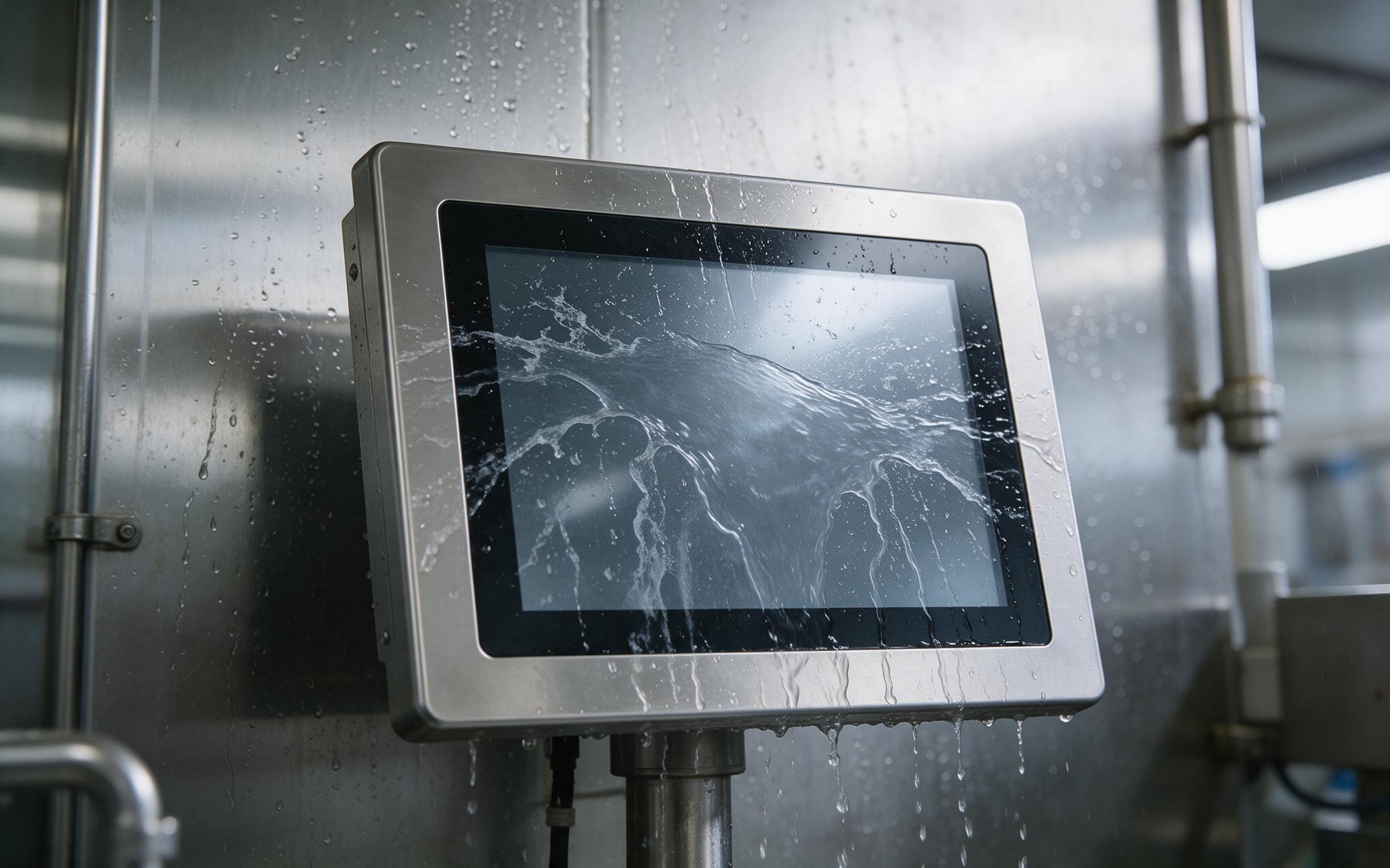 Water Film on the Front Glass Water film and cleaning residue across the front glass of an industrial touchscreen panel pc in a washdown area