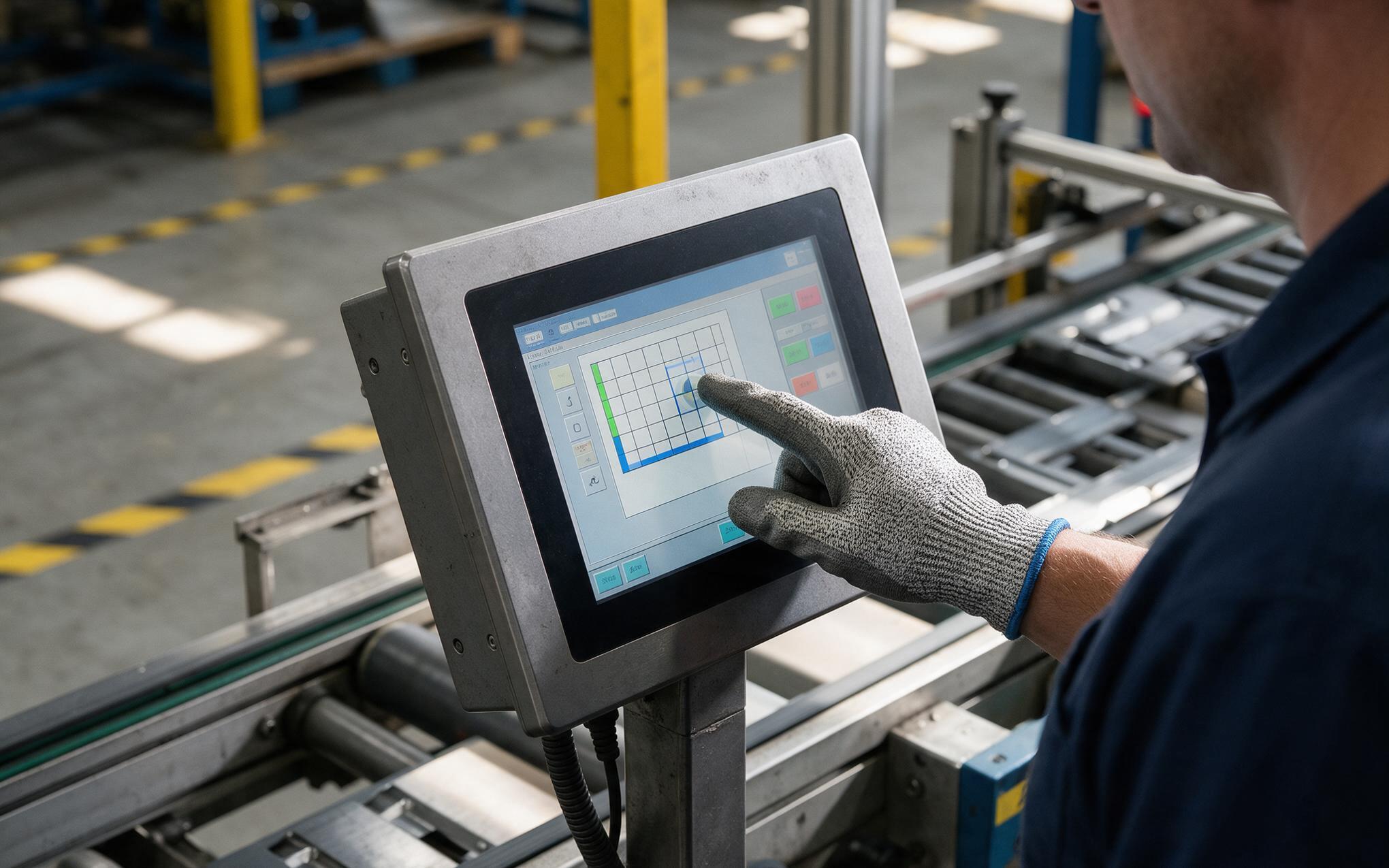 Glove Qualification on the Line Operator running a glove qualification script on an industrial touchscreen panel pc beside a running conveyor