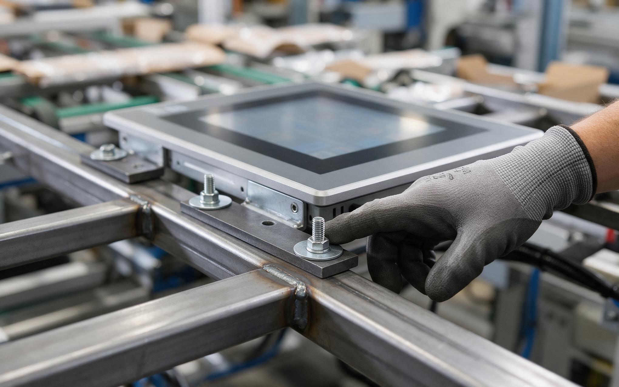Flat washer and backing plate under the mounting bolt of a panel touch monitor on machine frame rails
