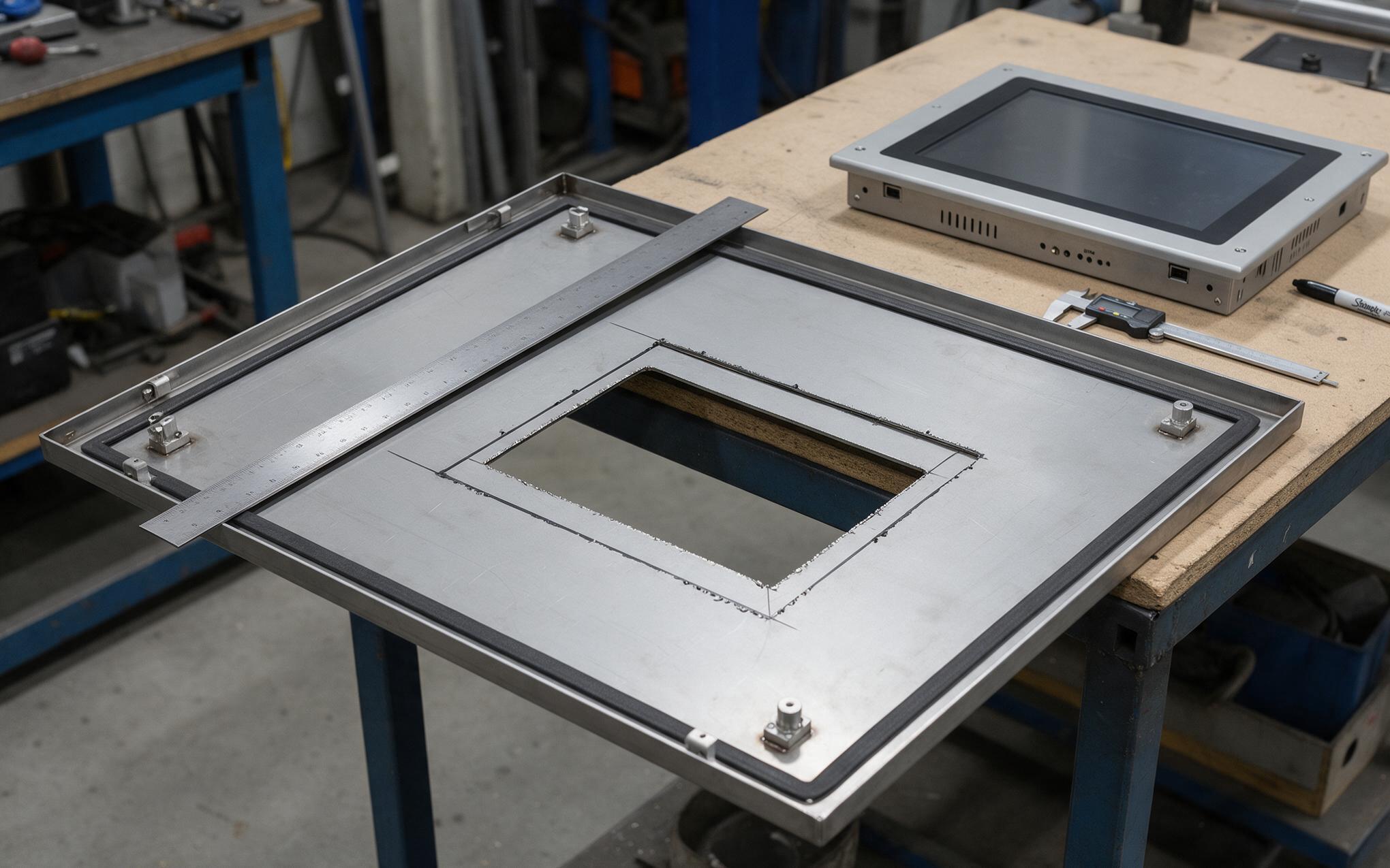 Sheet metal cabinet door cutout with straight edge and gasket preparing for a panel mount monitor