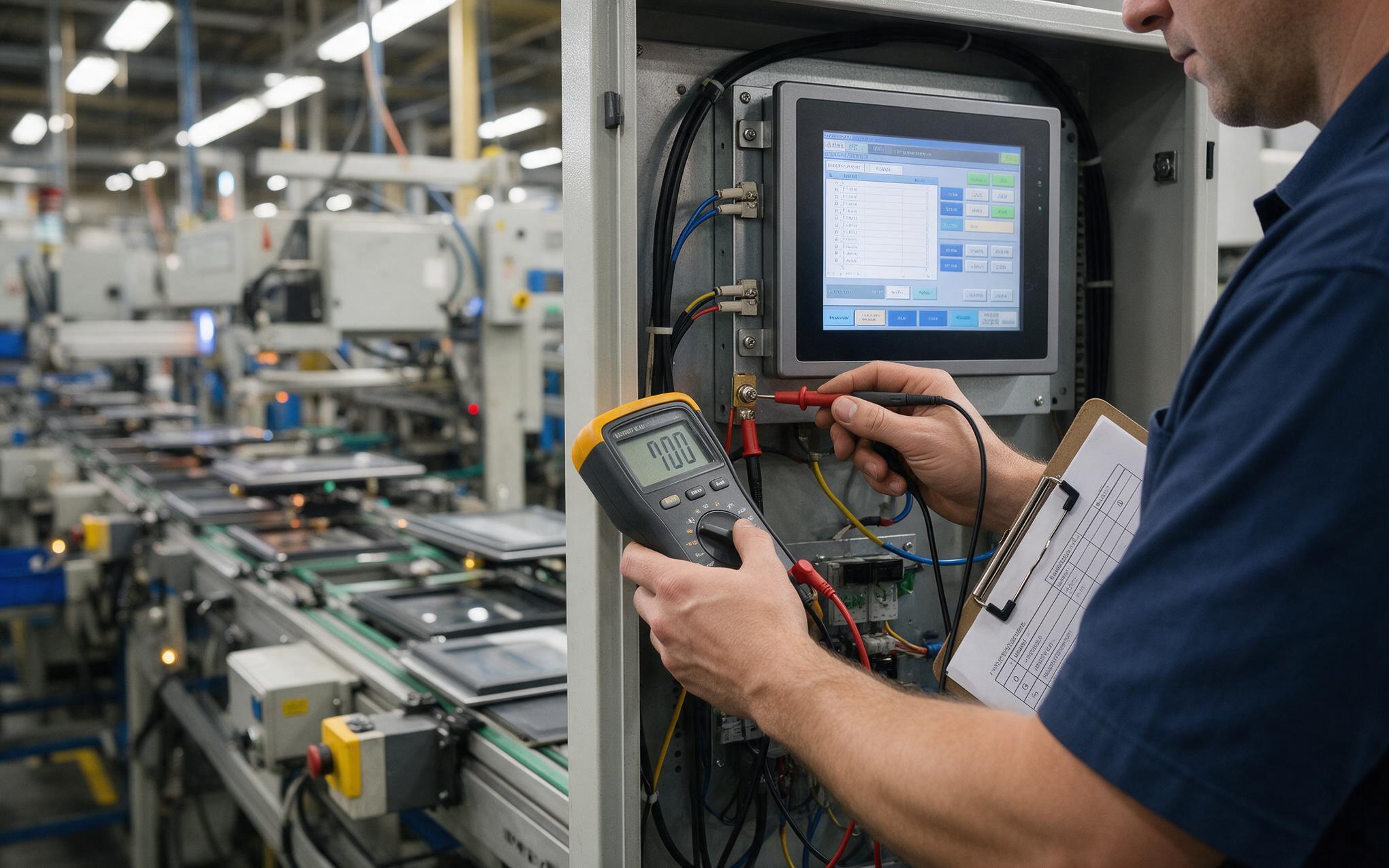 Technician measuring bond resistance at the chassis of a panel mount touch monitor before handover
