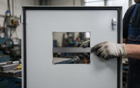 Sheet metal cabinet door cutout measured with a steel rule before a custom industrial panel PC is fitted