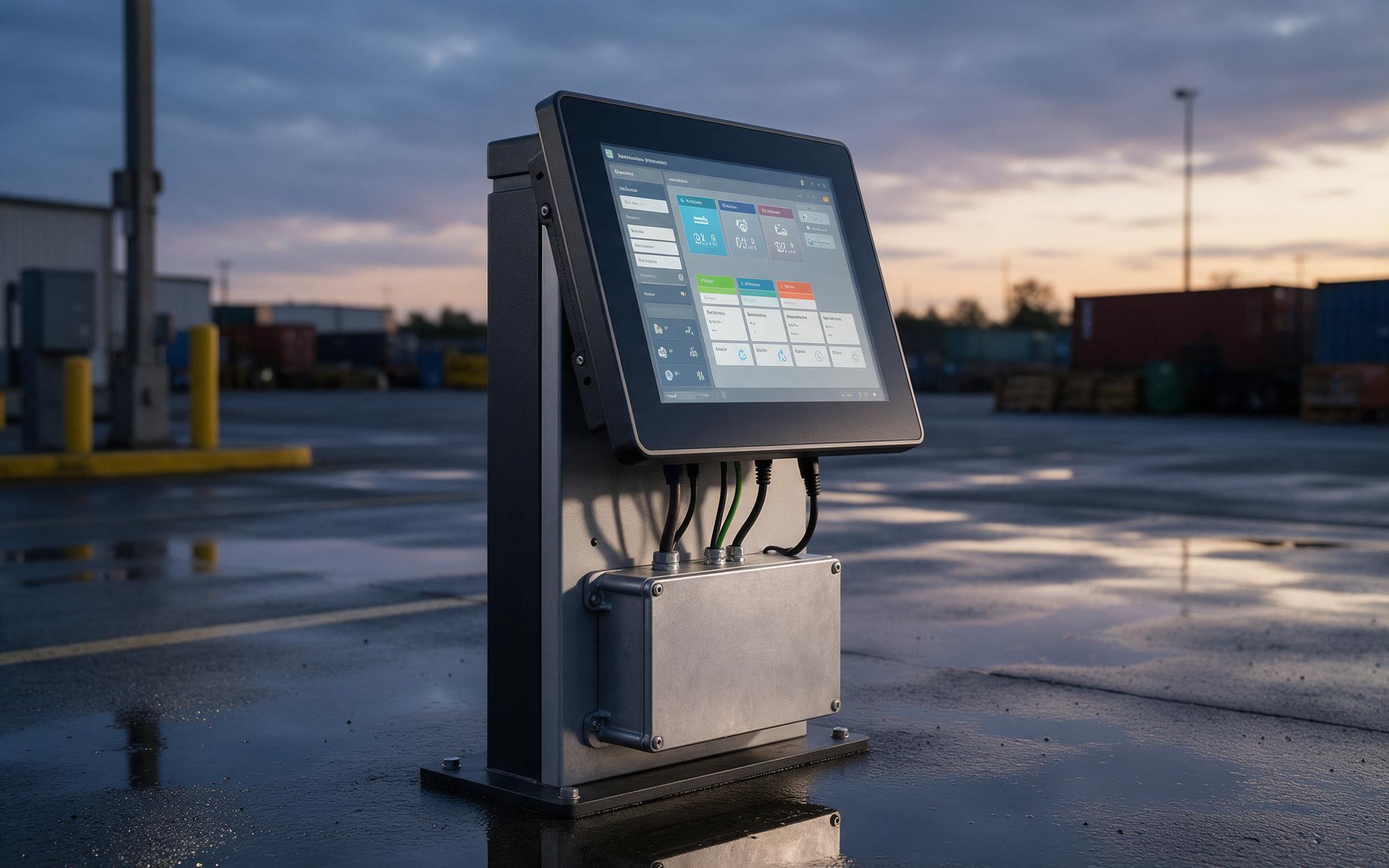 Yard terminal industrial monitor holding a moderate brightness level as daylight fades over the platform